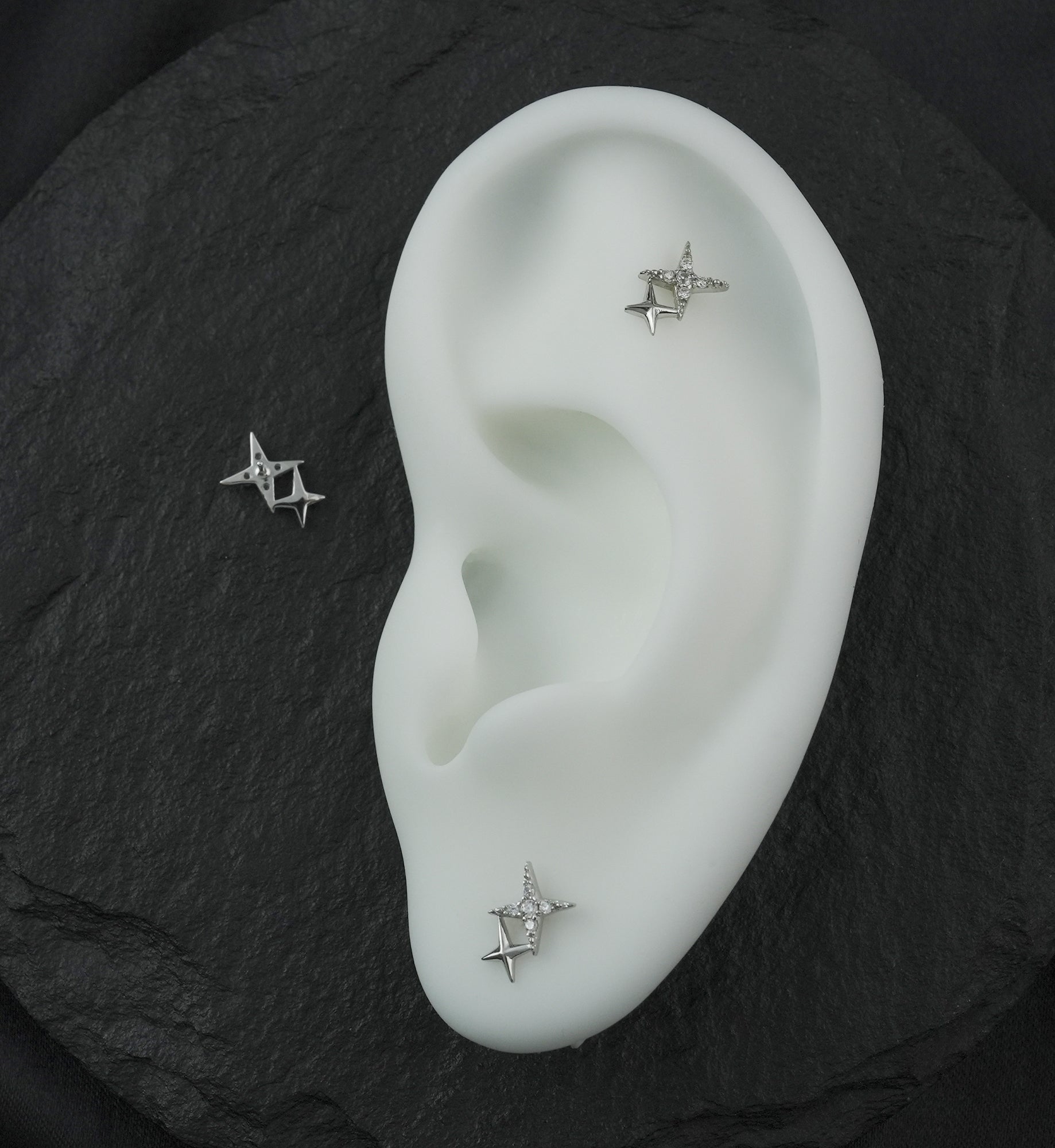 14kt White Gold Double Four Point Star Clear CZ Threadless Top