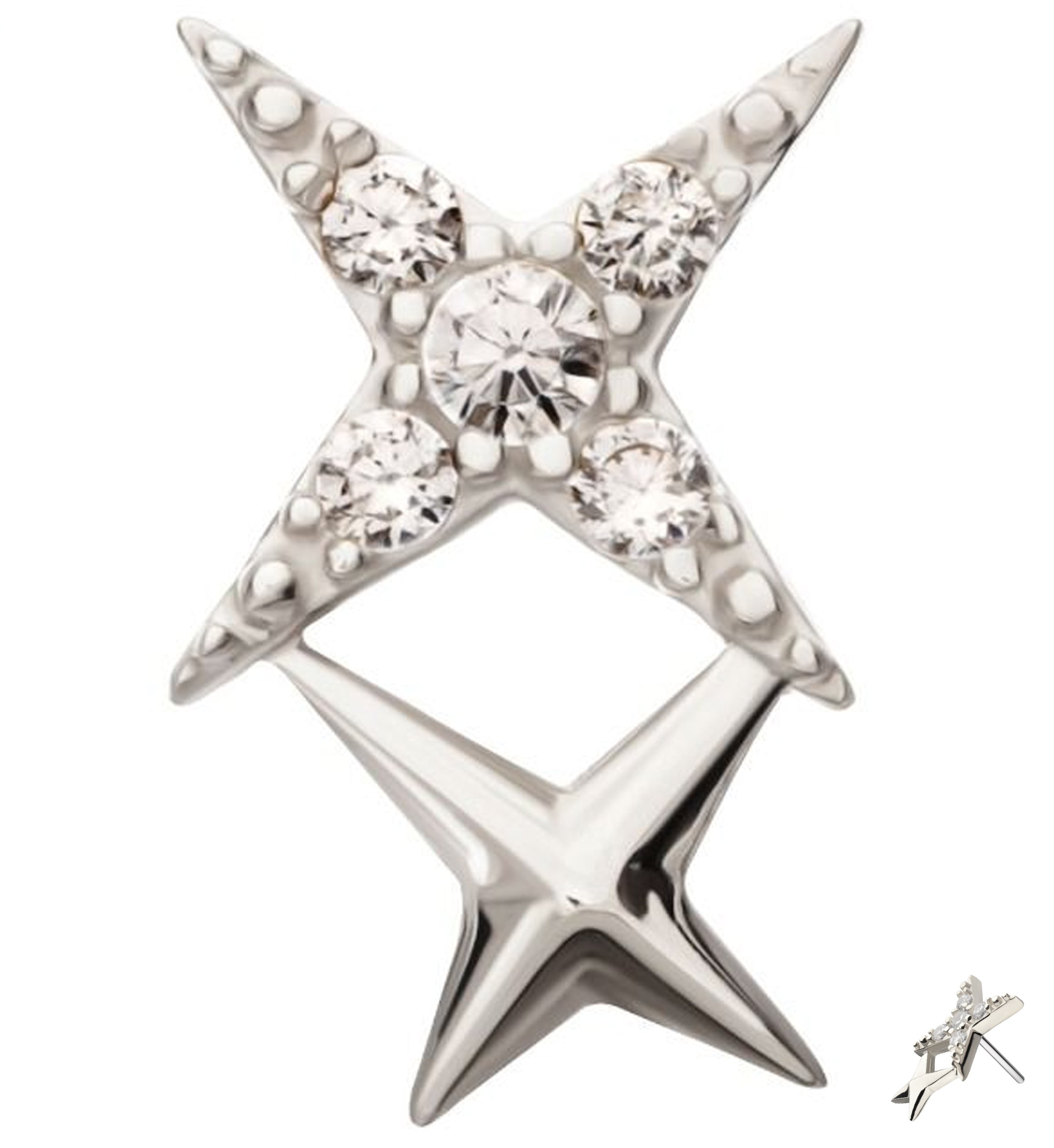 14kt White Gold Double Four Point Star Clear CZ Threadless Top