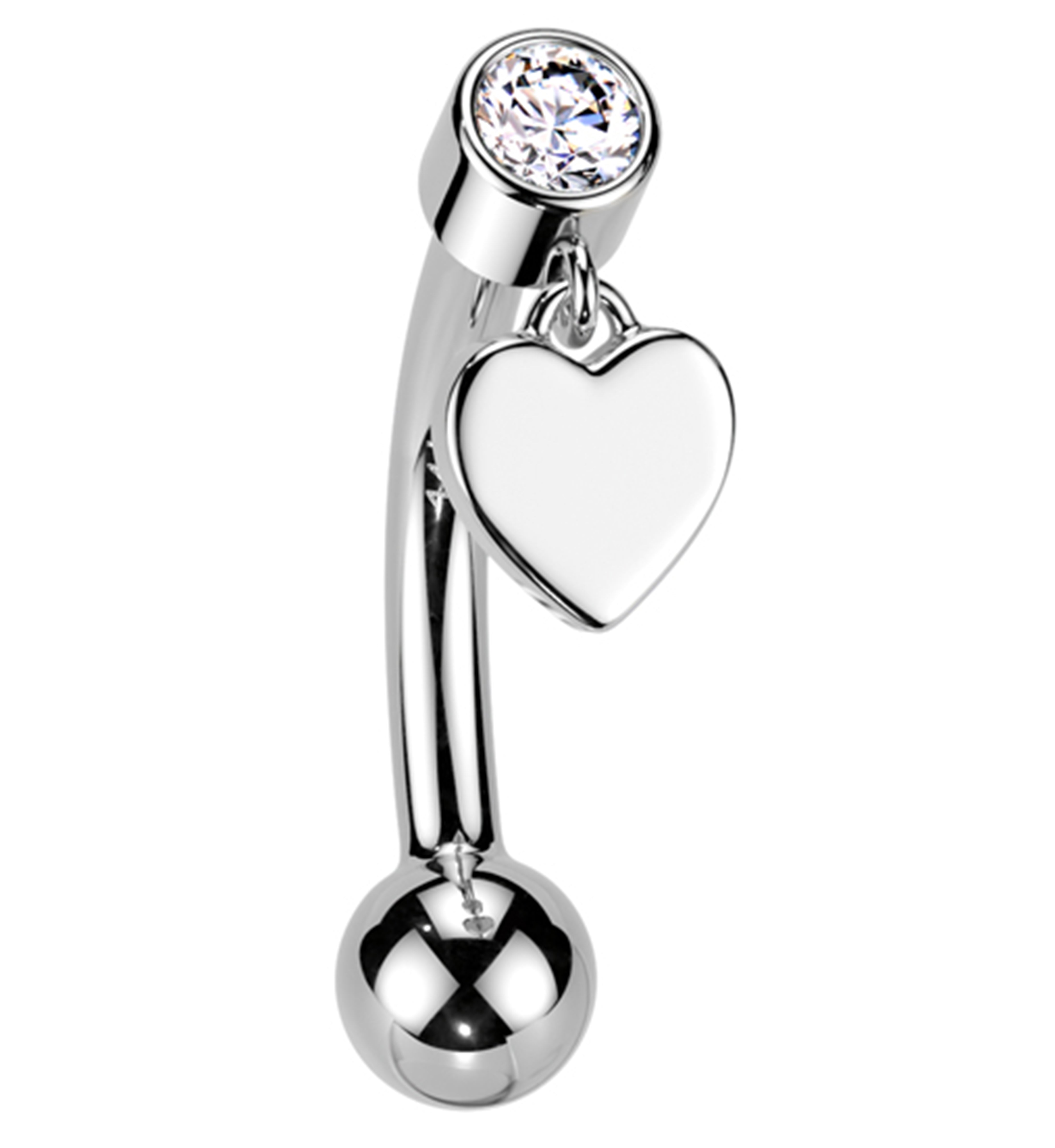14kt White Gold Heart Dangle Clear CZ Threadless Curved Barbell