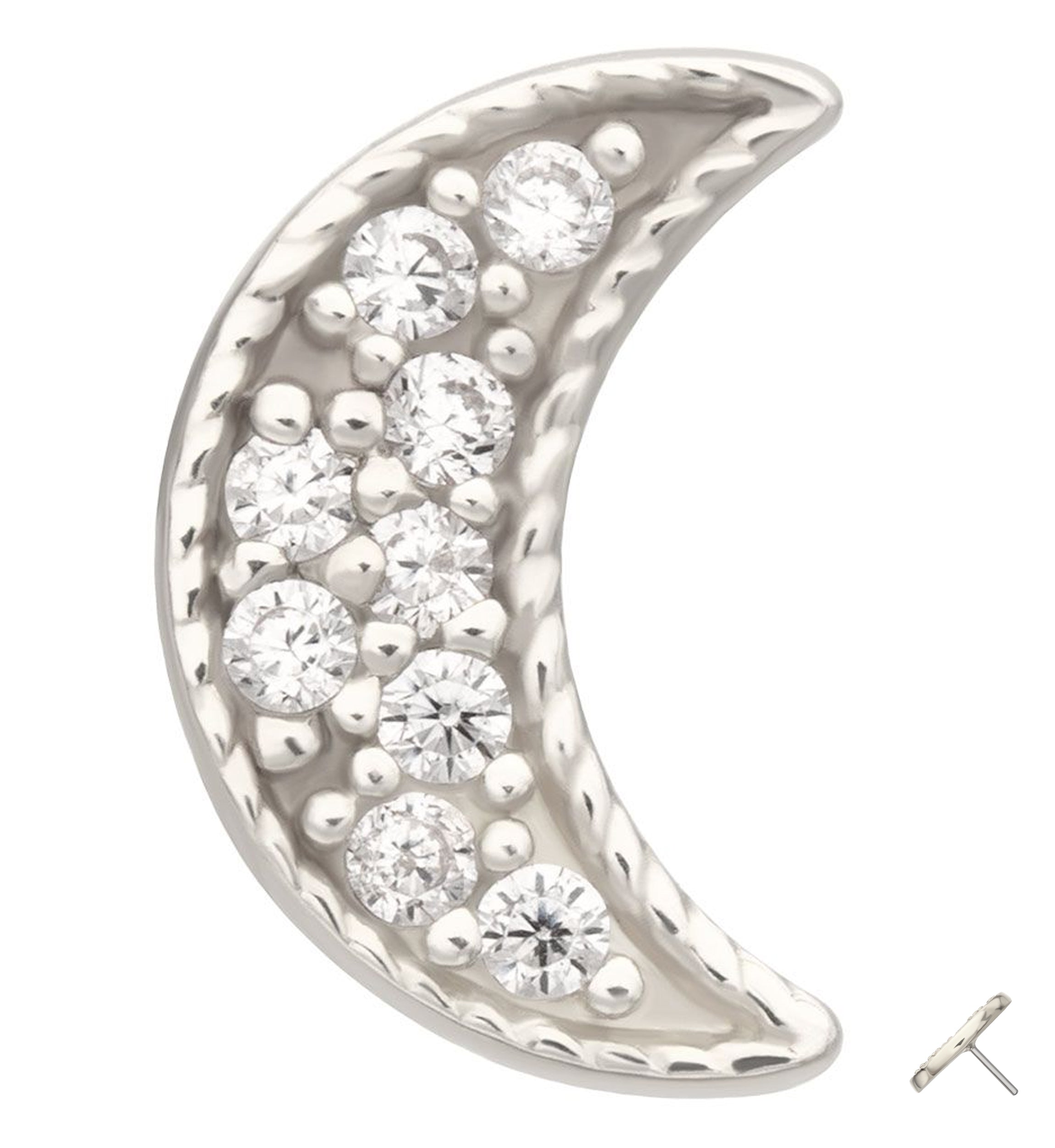 14kt White Gold Milgrain Bead Half Moon Clear CZ Threadless Top