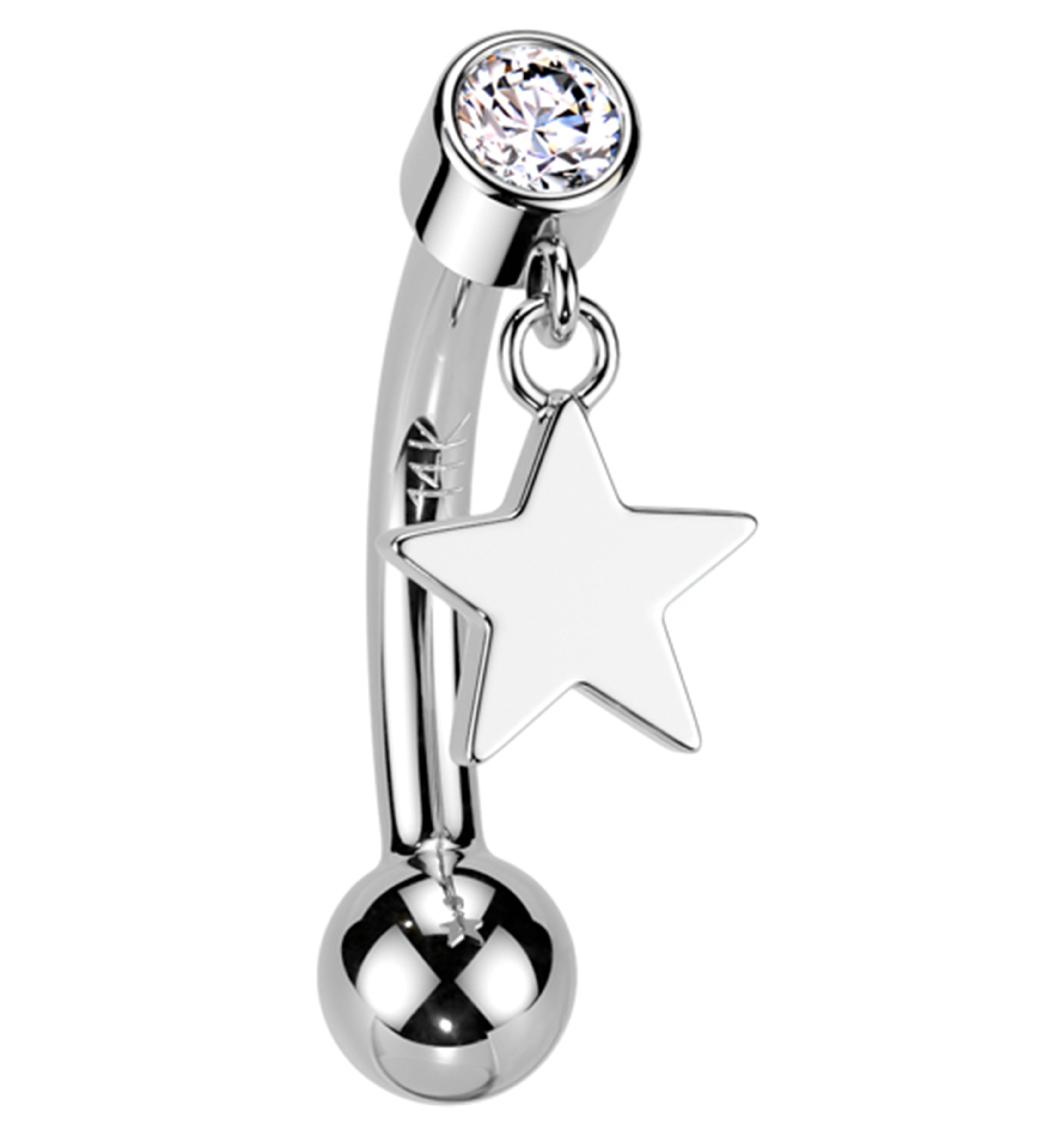 14kt White Gold Star Dangle Clear CZ Threadless Curved Barbell