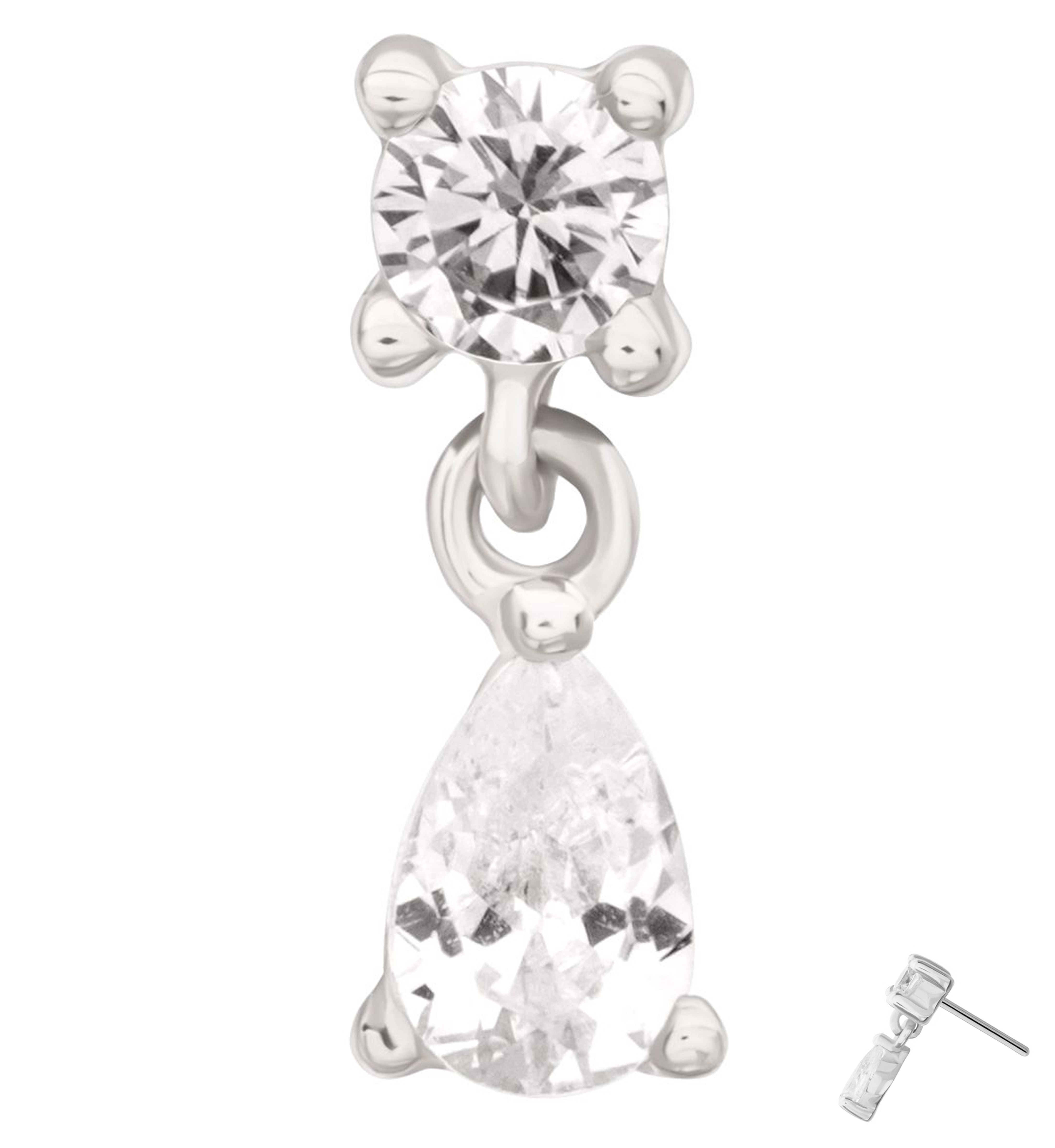 14kt White Gold Teardrop Dangle Clear CZ Threadless Top