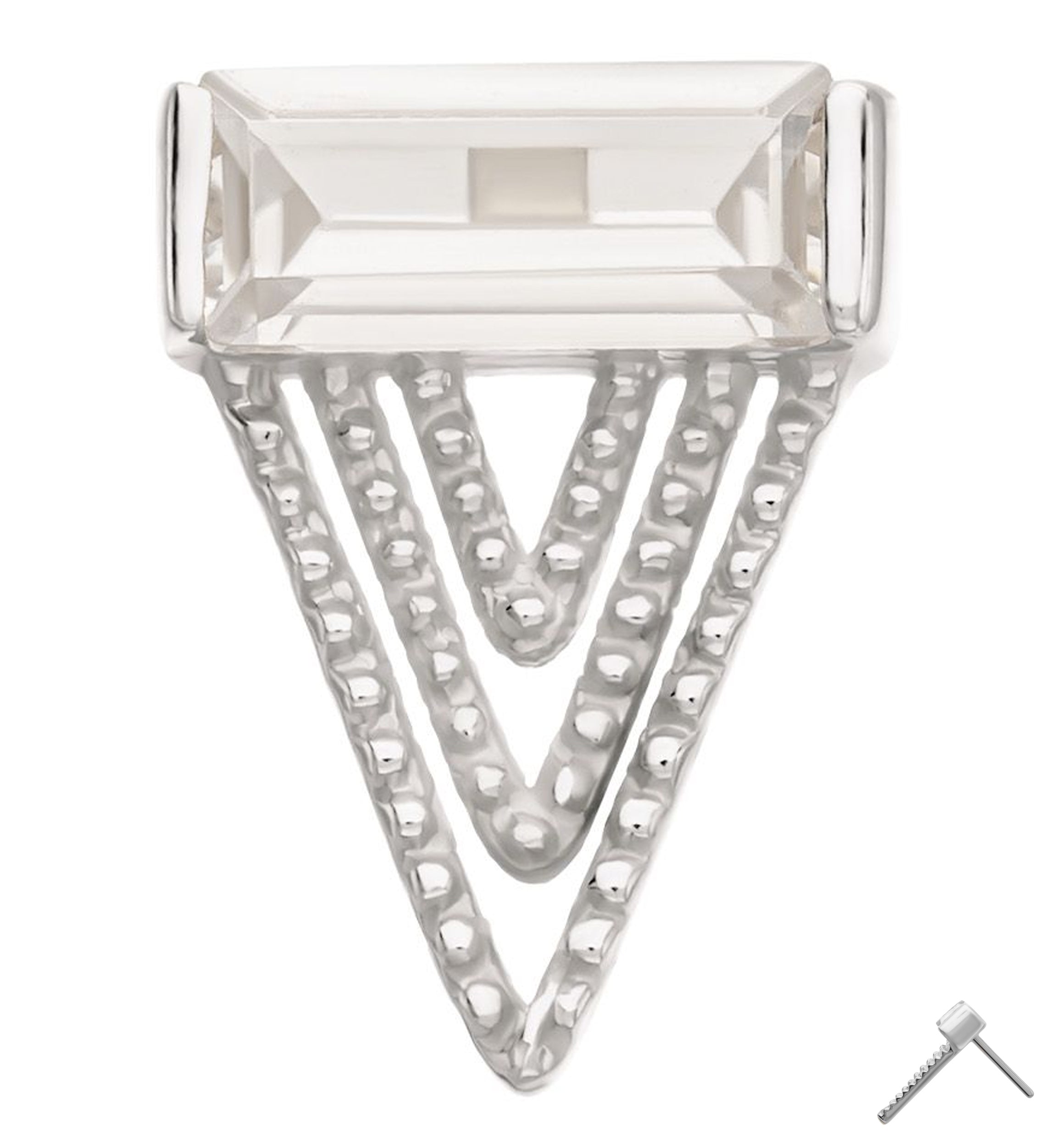 14kt White Gold Tri-Layered Point Baguette CZ Threadless Top