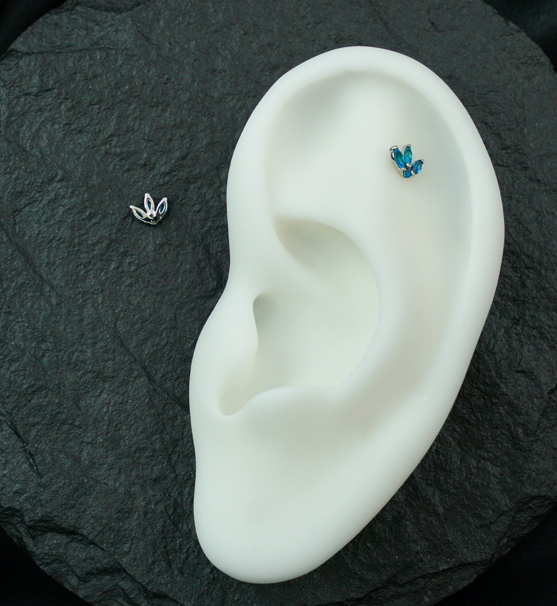 14kt White Gold Tri Sepal Blue Topaz CZ Threadless Top