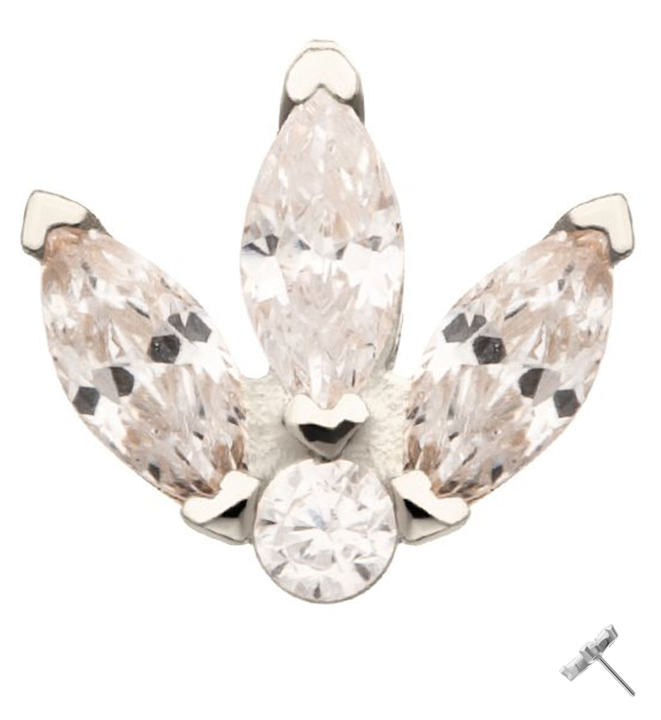 14kt White Gold Tri Sepal Clear CZ Threadless Top