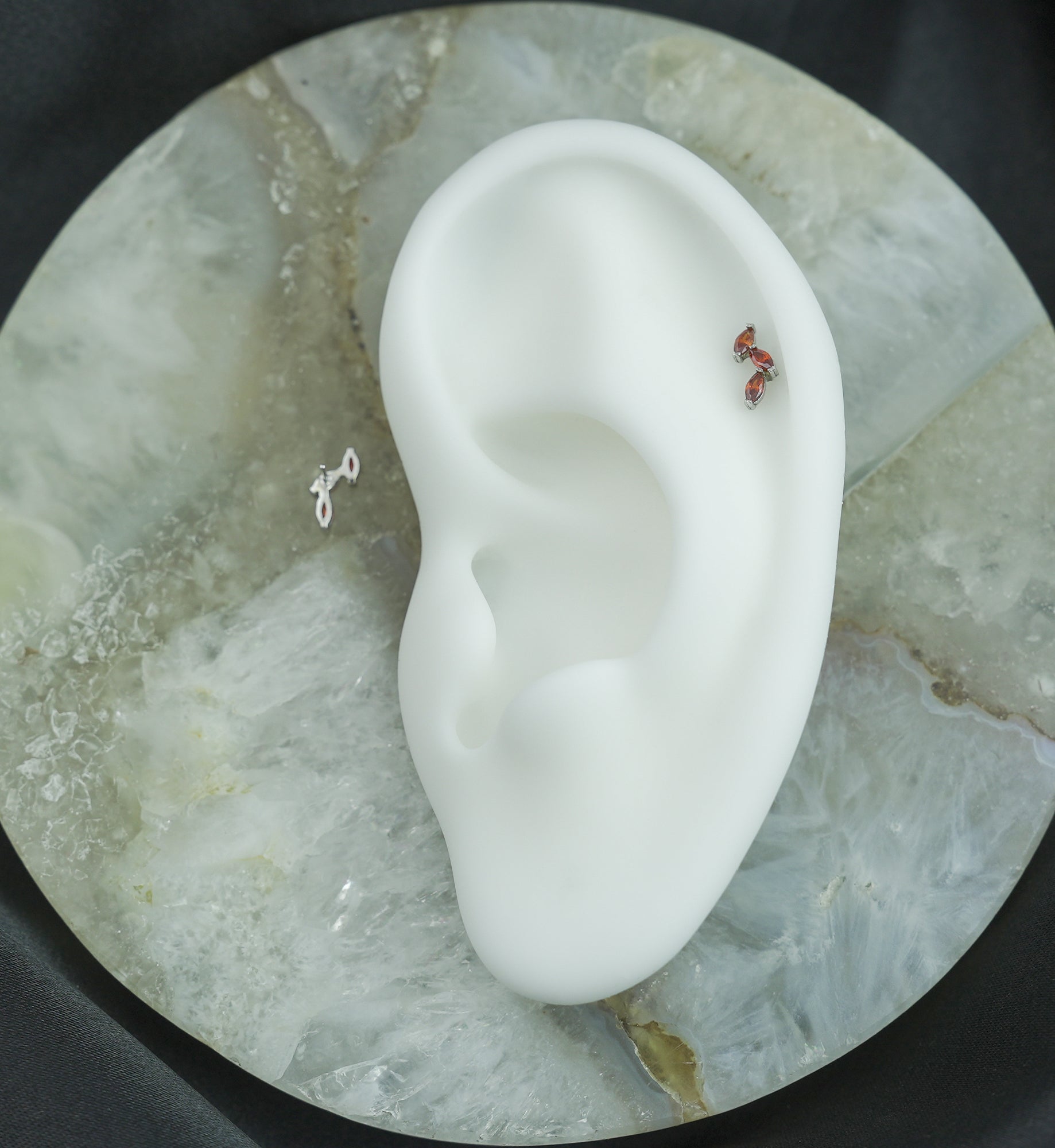 14kt White Gold Triple Marquise Vine Red CZ Threadless Top