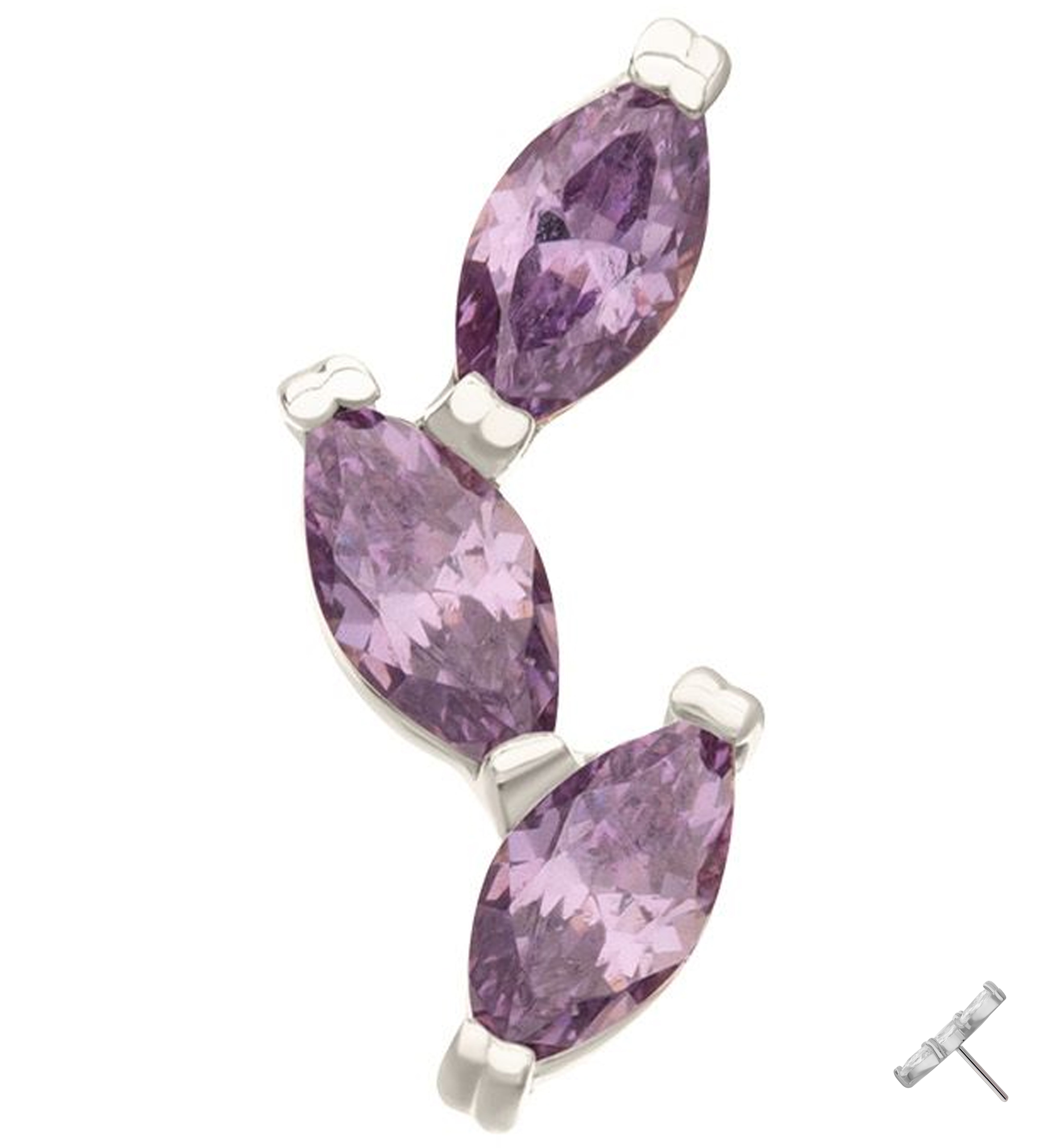 14kt White Gold Triple Marquise Vine Amethyst CZ Threadless Top