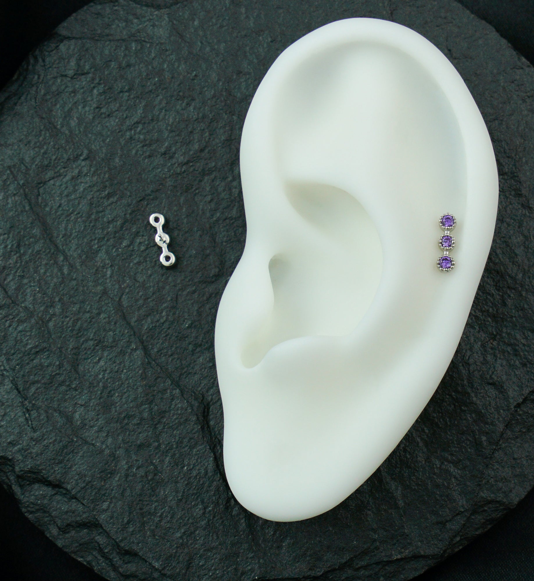 14kt White Gold Triple Stacked Beaded Amethyst CZ Threadless Top