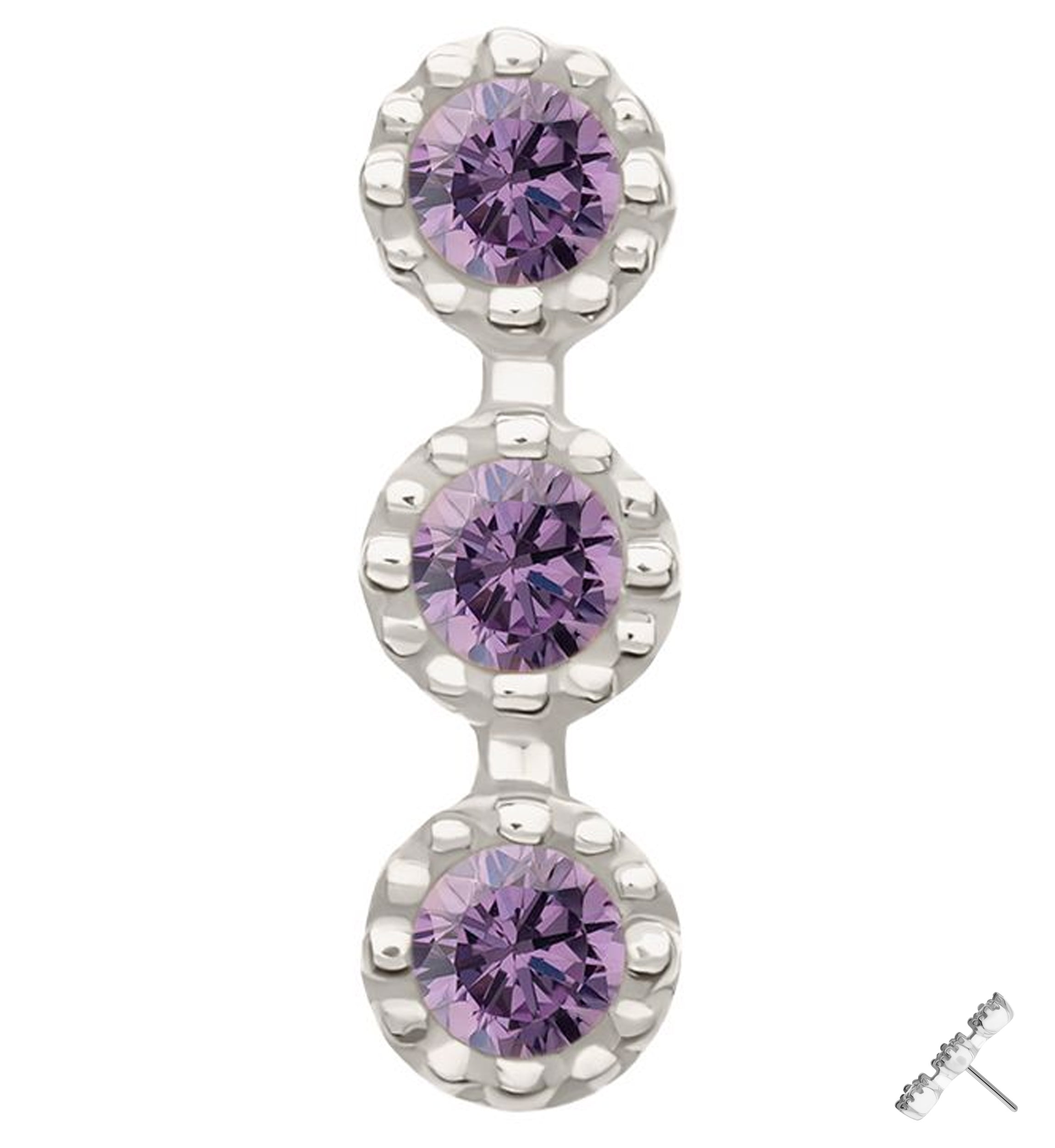 14kt White Gold Triple Stacked Beaded Amethyst CZ Threadless Top