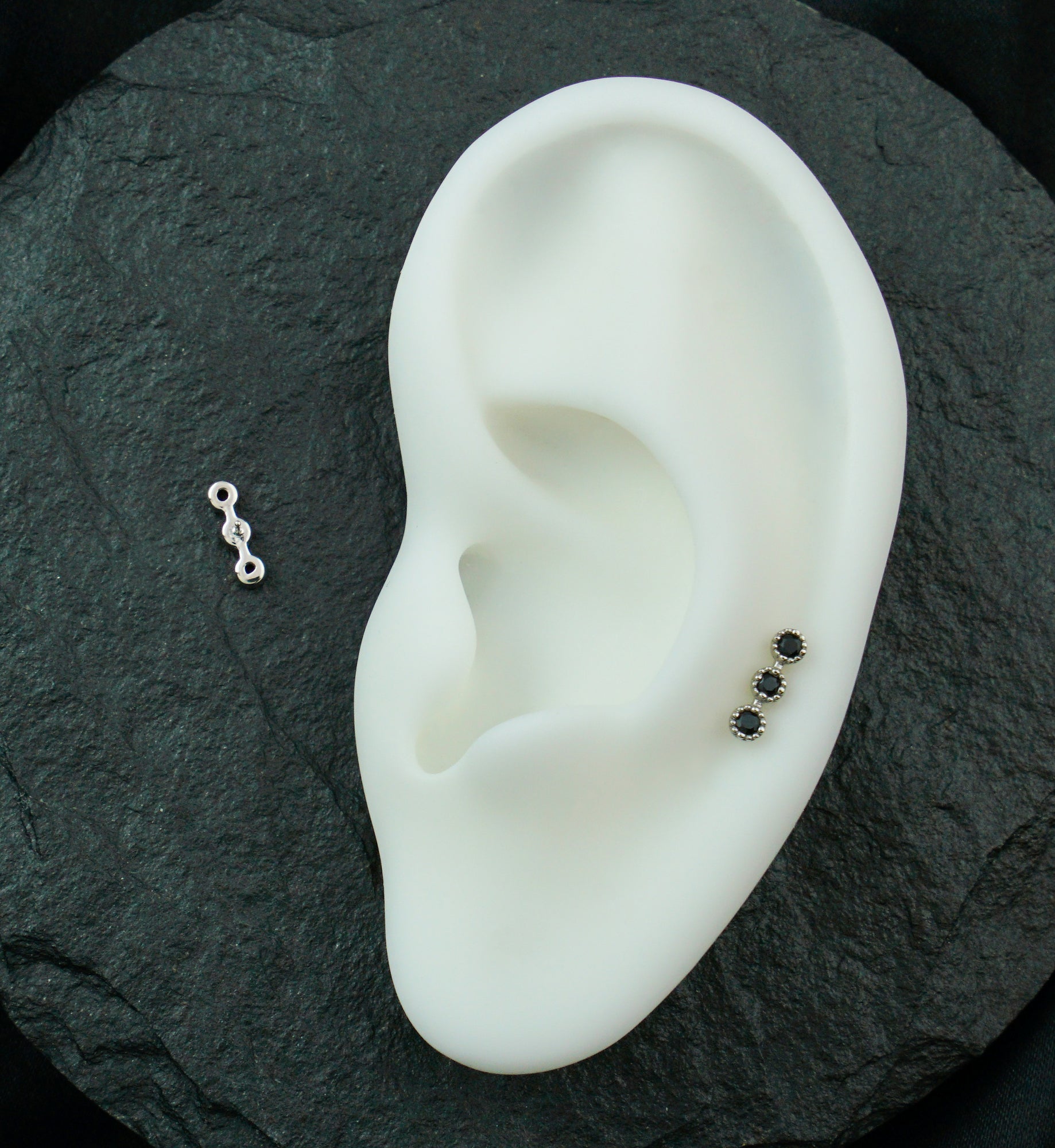 14kt White Gold Triple Stacked Beaded Black CZ Threadless Top