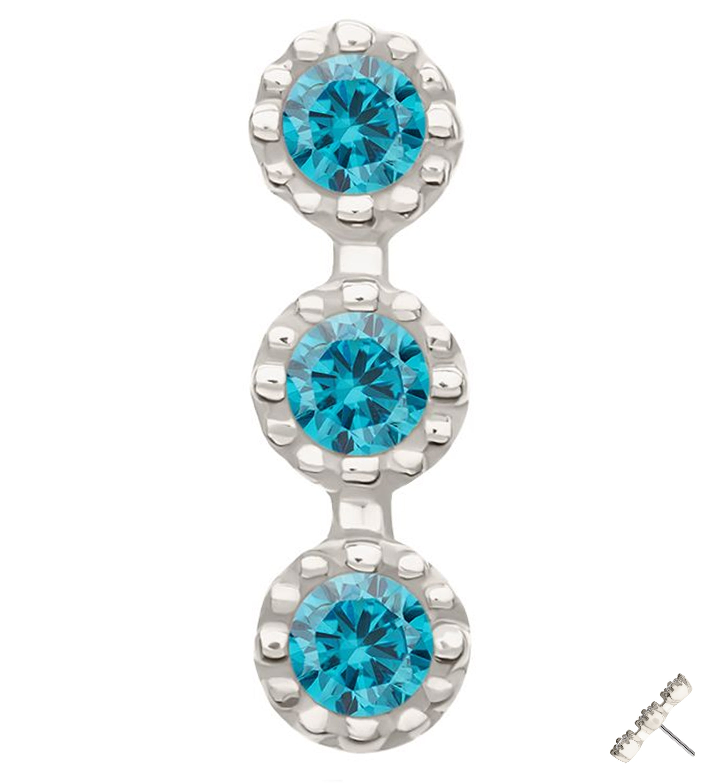 14kt White Gold Triple Stacked Beaded Blue Topaz CZ Threadless Top