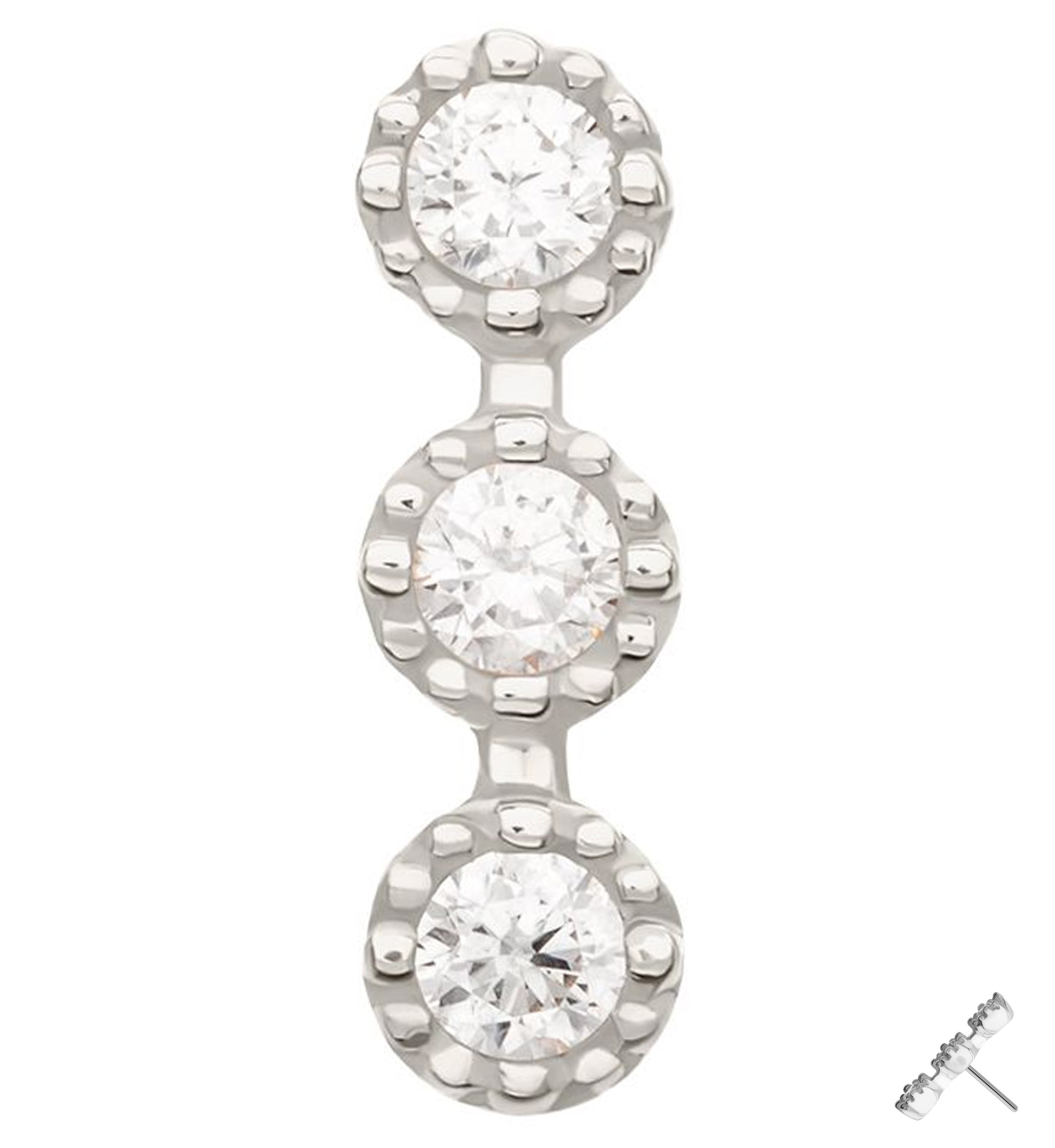 14kt White Gold Triple Stacked Beaded Clear CZ Threadless Top