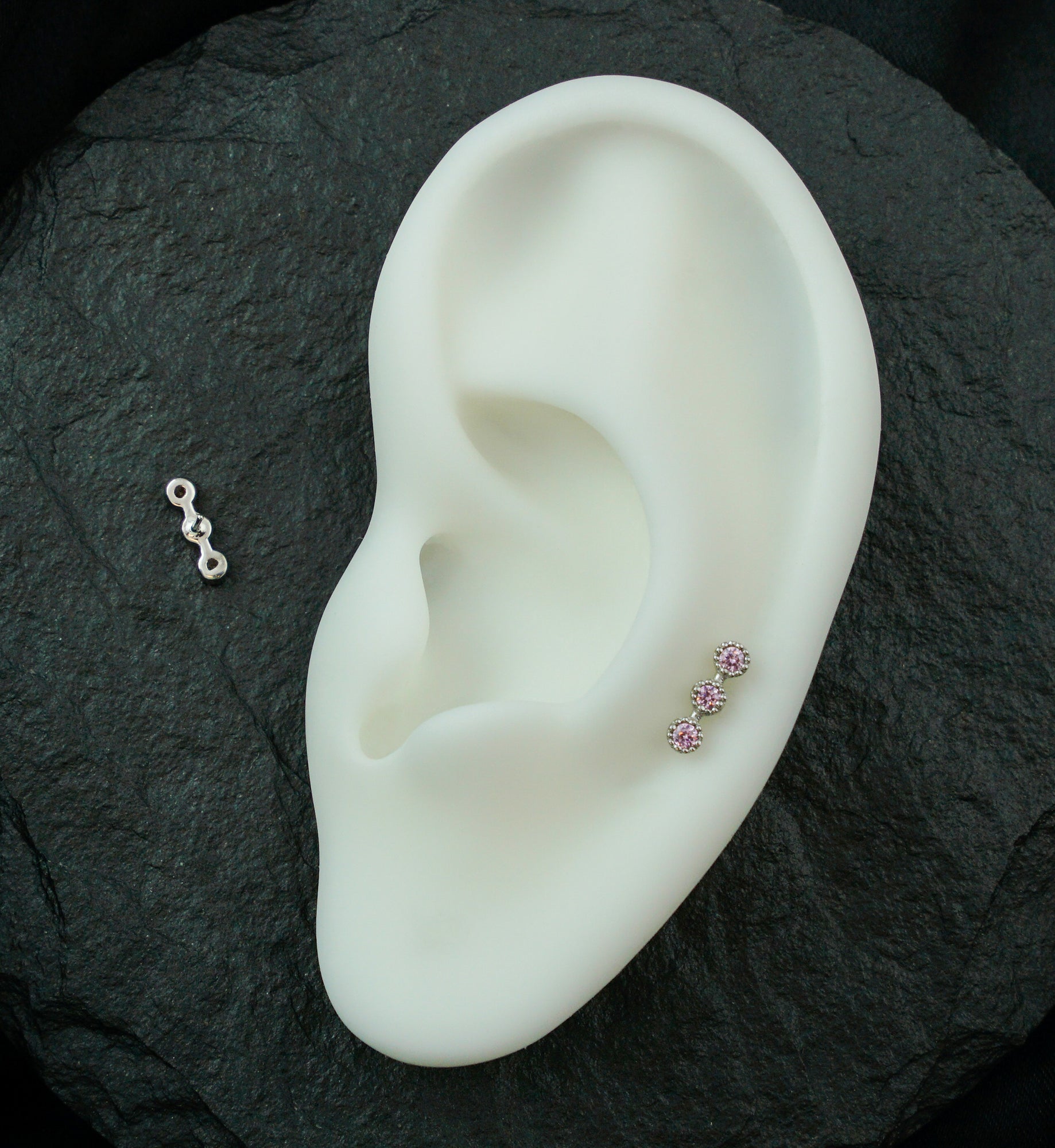 14kt White Gold Triple Stacked Beaded Pink CZ Threadless Top