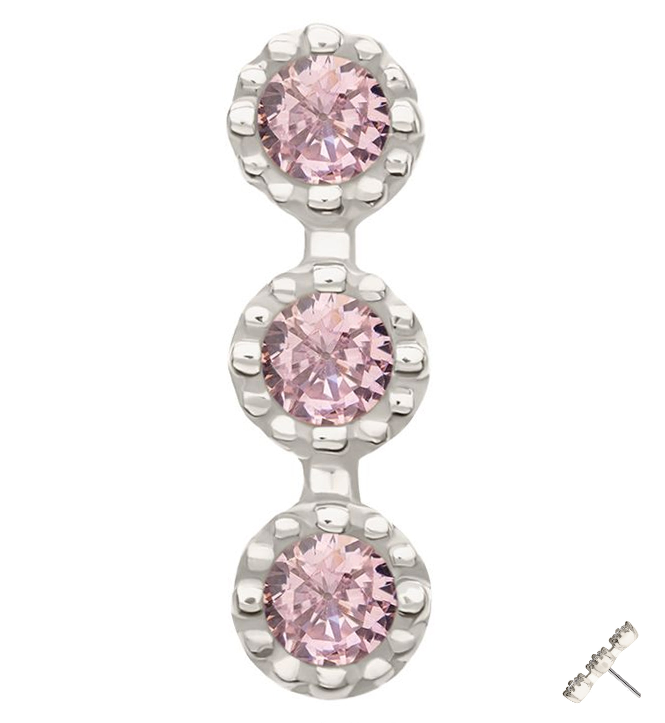 14kt White Gold Triple Stacked Beaded Pink CZ Threadless Top