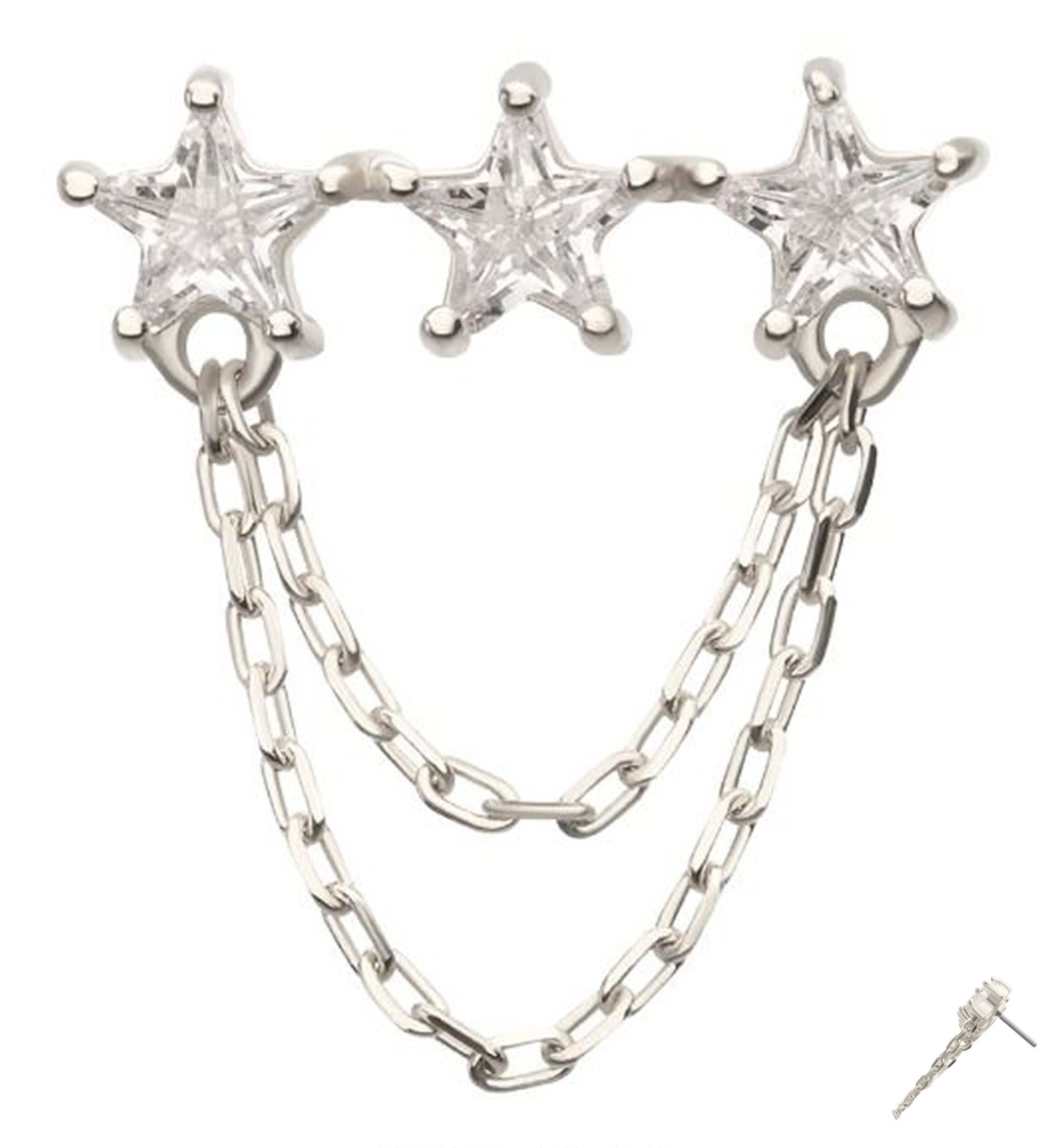 14kt White Gold Triple Star Clear CZ Dual Dangle Chain Threadless Top
