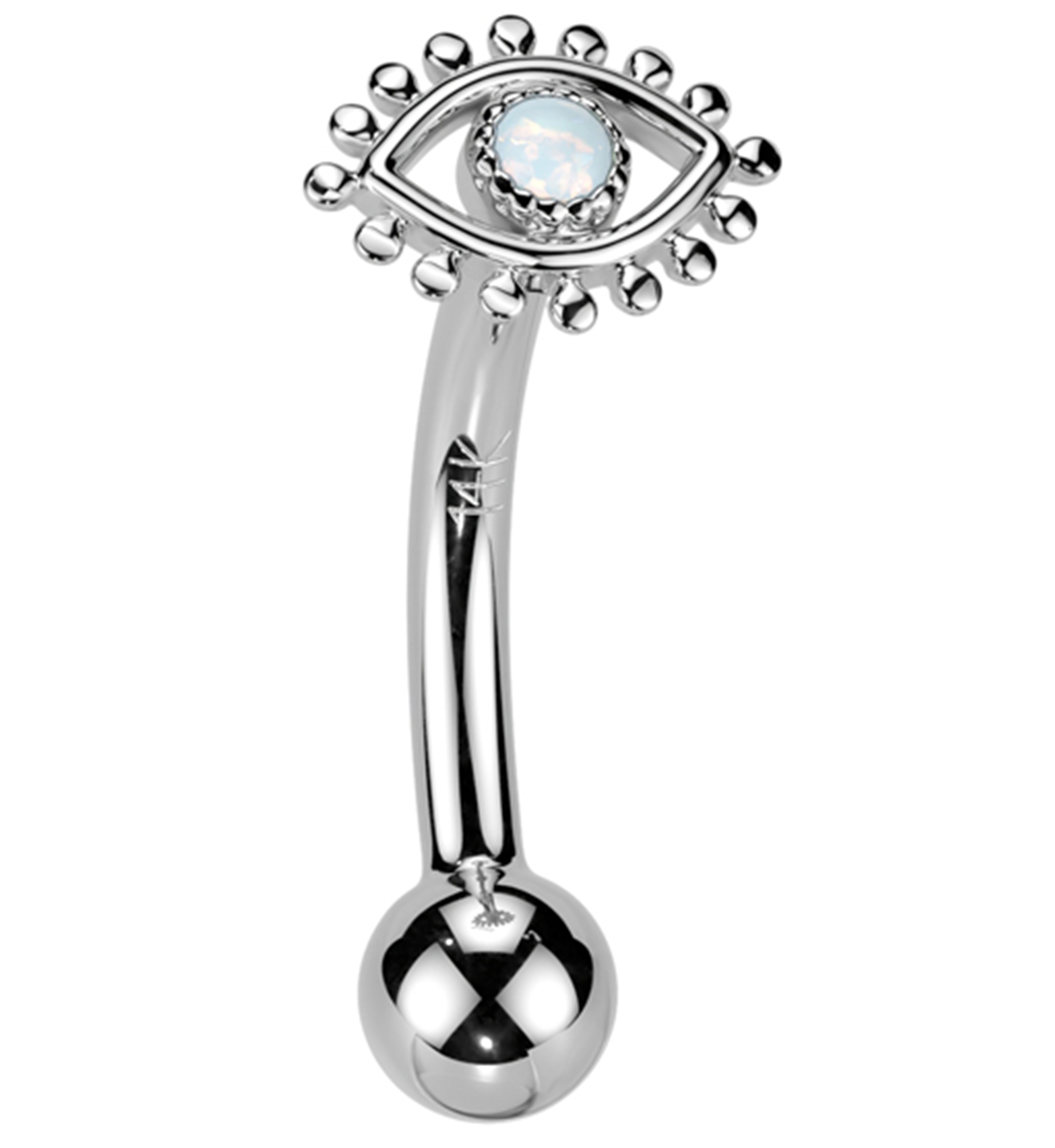 14kt White Gold White Opalite Evil Eye Threadless Curved Barbell