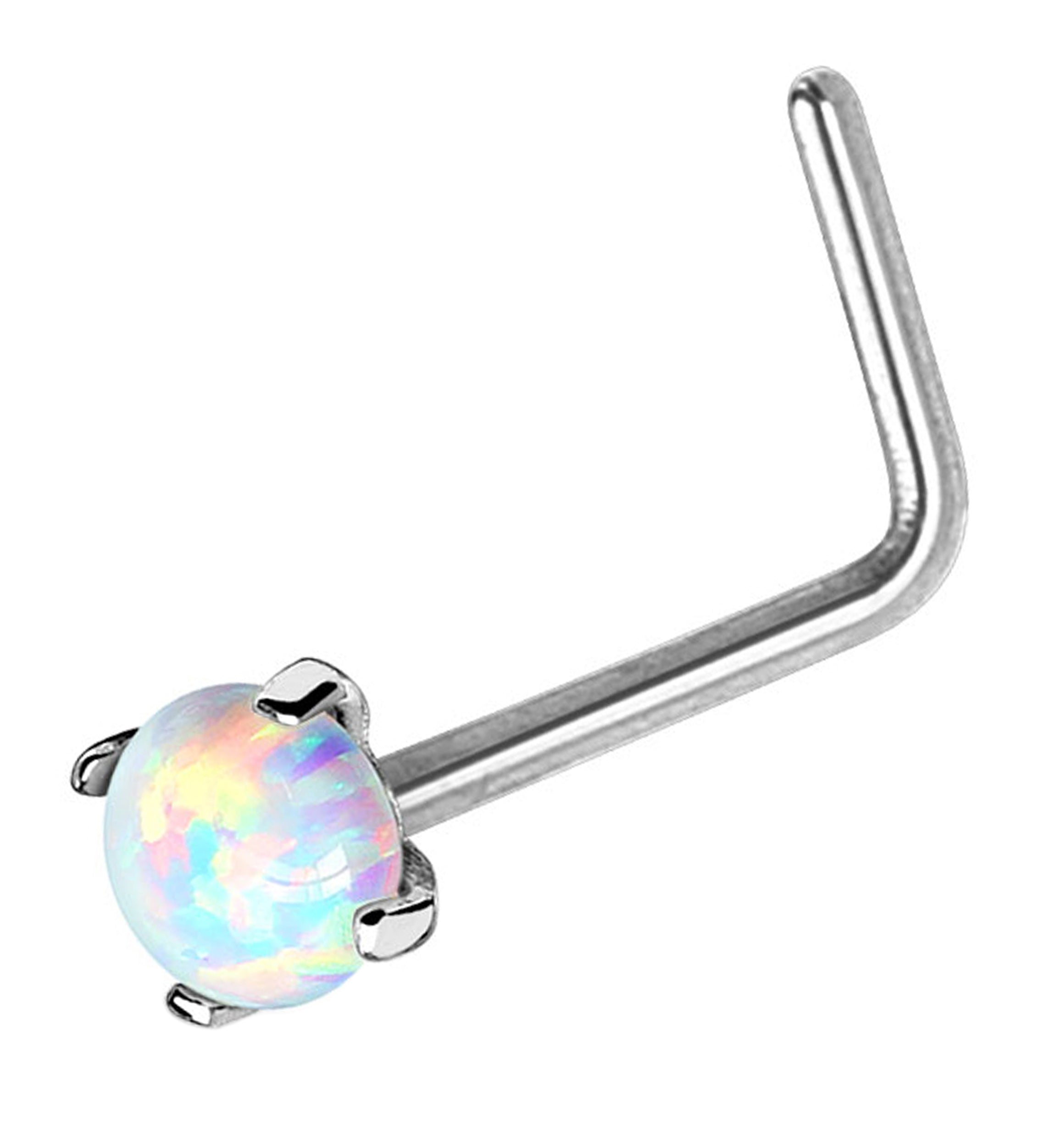 20G 14kt White Gold L Bend Opalite Top Nose Ring