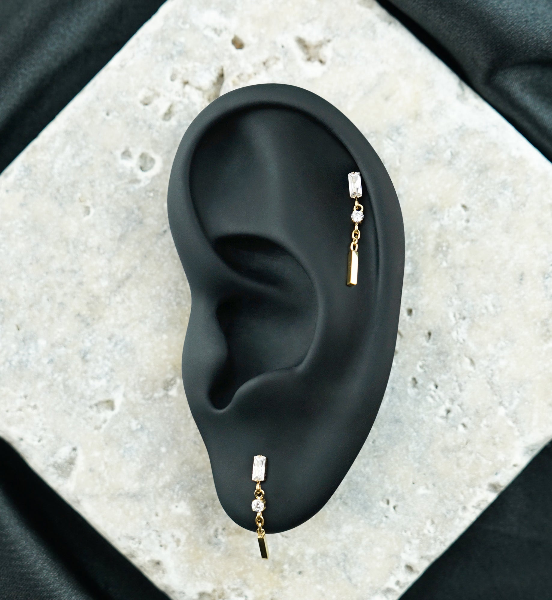 24kt Gold PVD Baguette CZ Bar Dangle Titanium Threadless Top
