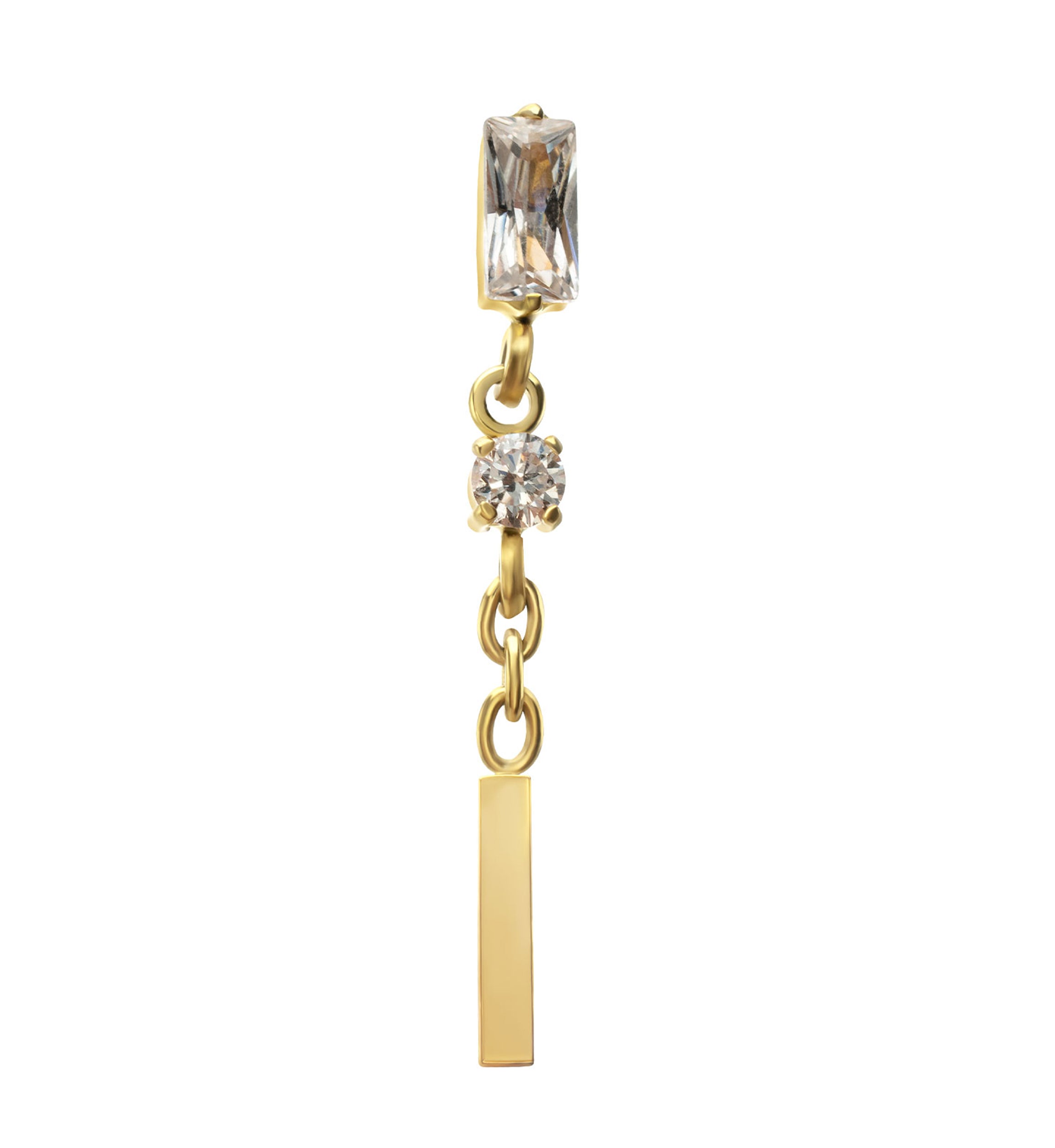 24kt Gold PVD Baguette CZ Bar Dangle Titanium Threadless Top
