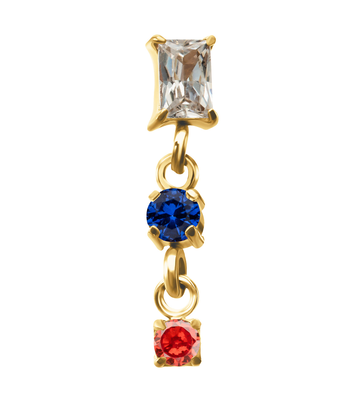 24kt Gold PVD Baguette with Double Round Blue and Garnet CZ Dangle Titanium Threadless Top