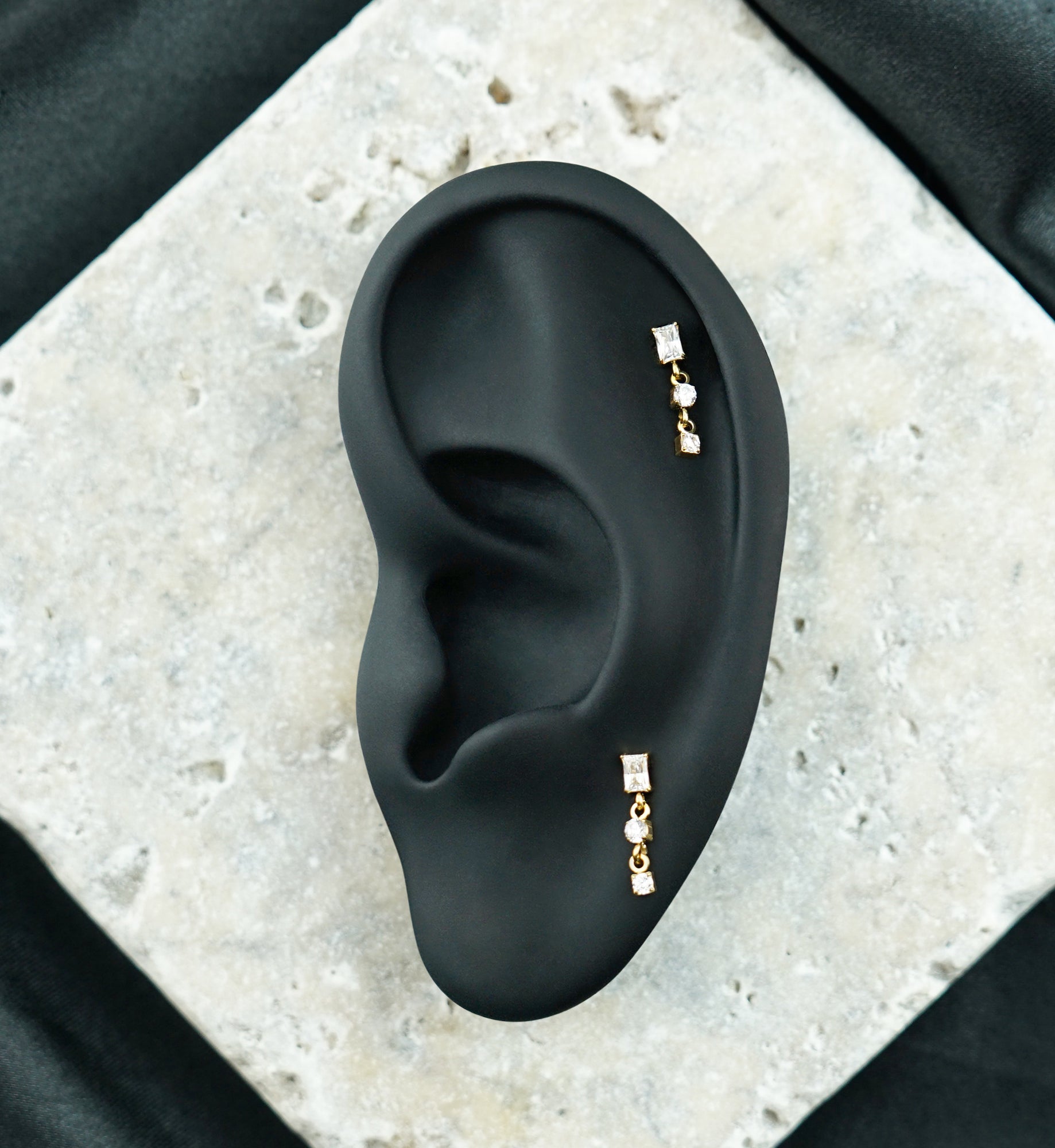 24kt Gold PVD Baguette with Double Round CZ Dangle Titanium Threadless Top