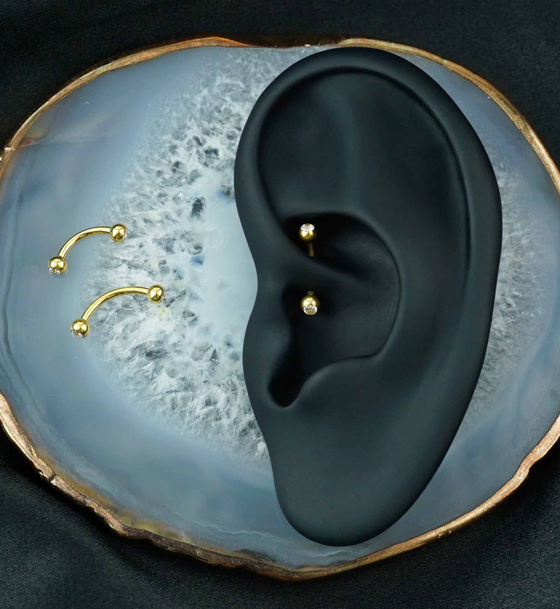 24kt Gold PVD Bezel CZ Internally Threaded Titanium Curved Barbell