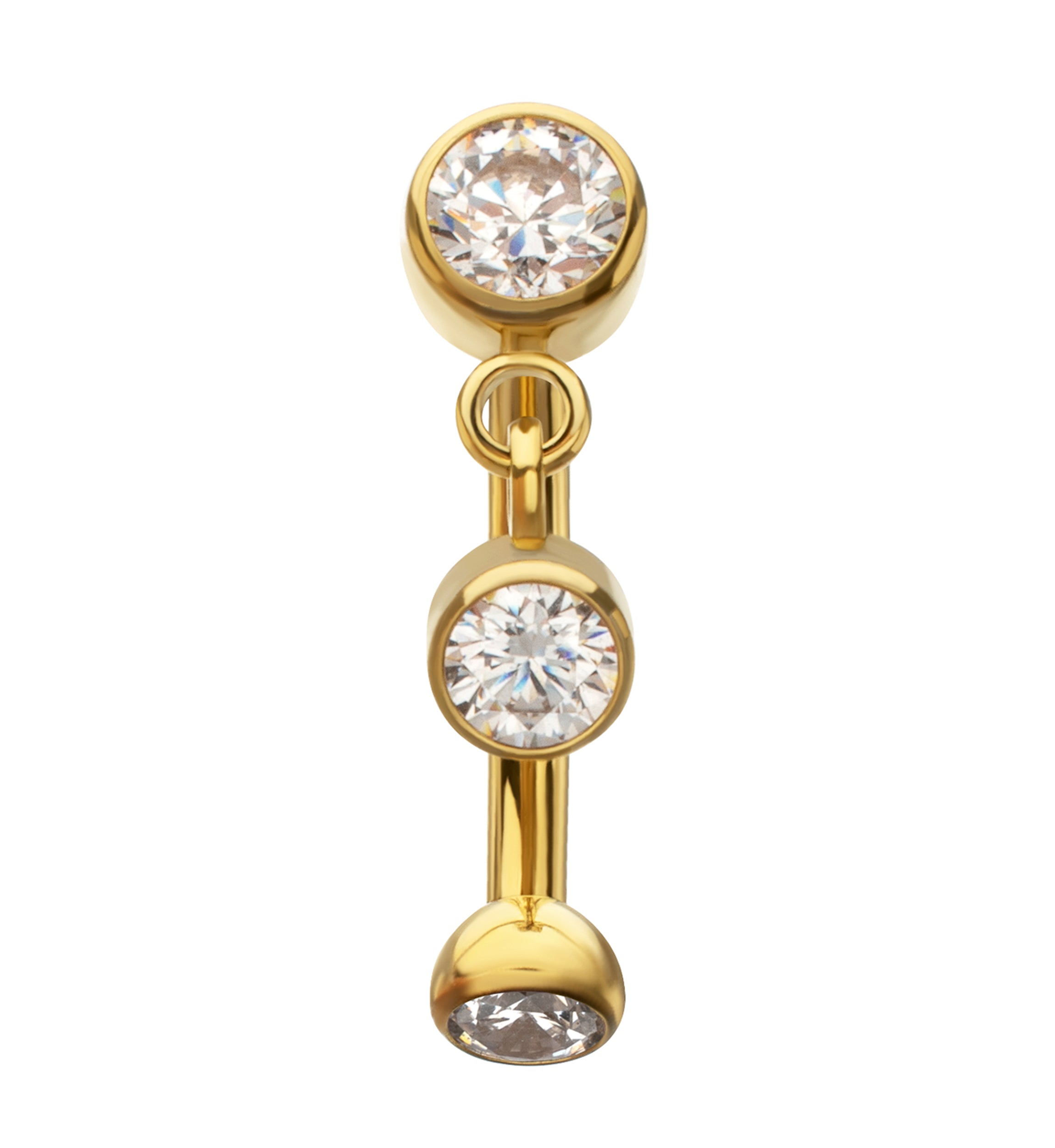 24kt Gold PVD Bezel Floating Clear CZ Dangle Titanium Internally Threaded Curved Barbell