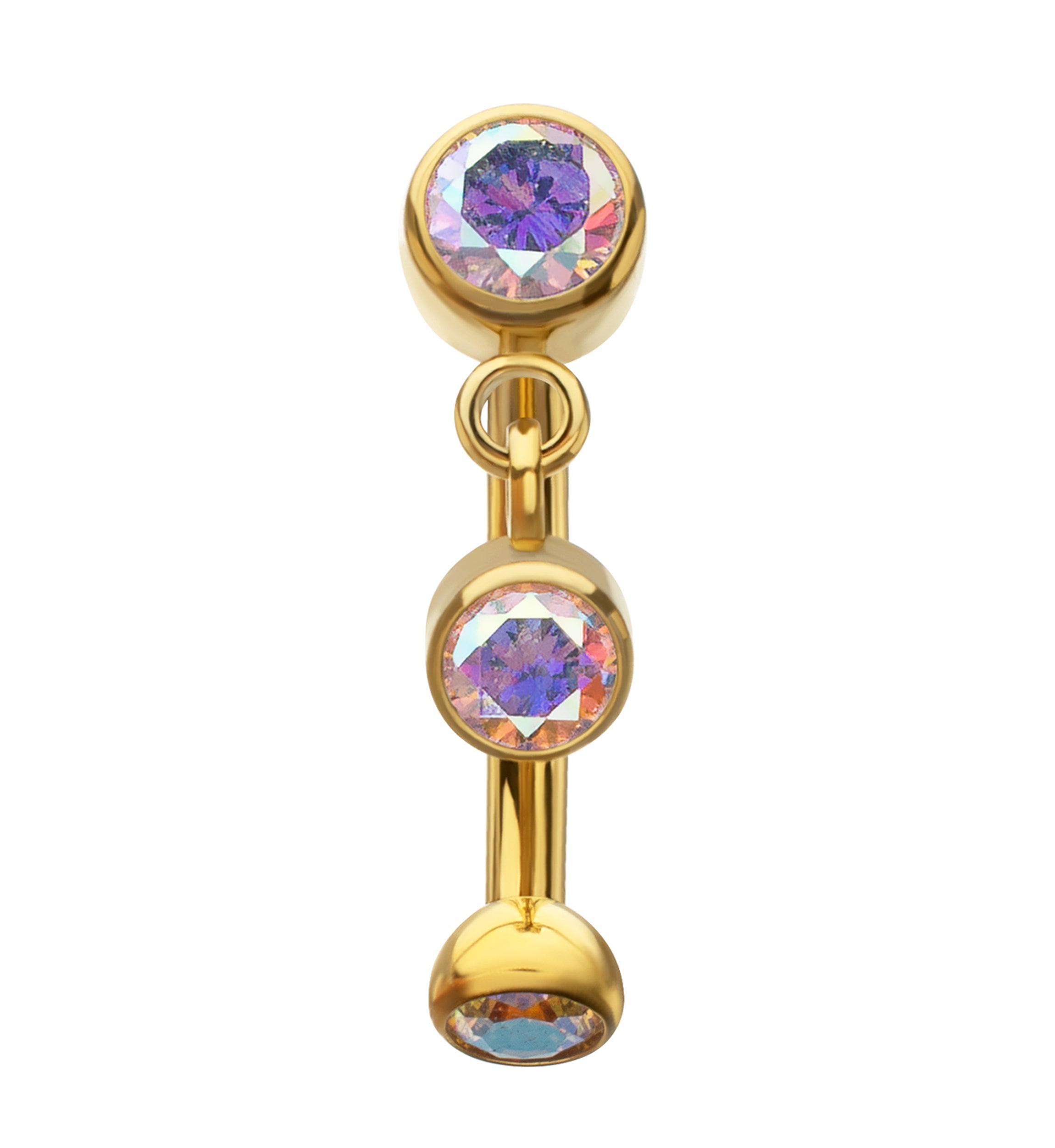 24kt Gold PVD Bezel Floating Rainbow Aurora CZ Dangle Titanium Internally Threaded Curved Barbell
