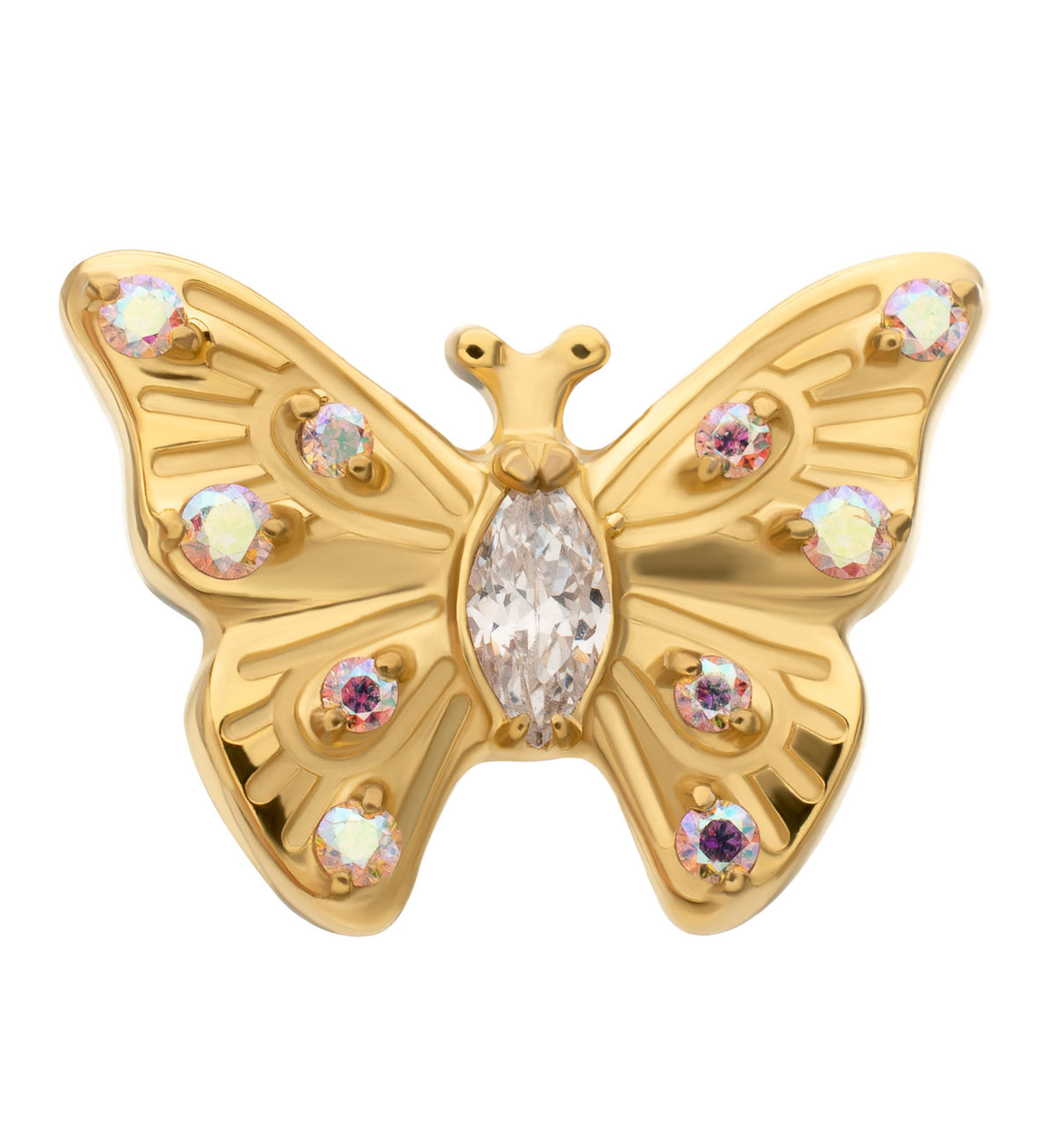 24kt Gold PVD Bold Butterfly Rainbow Aurora CZ Titanium Threadless Top