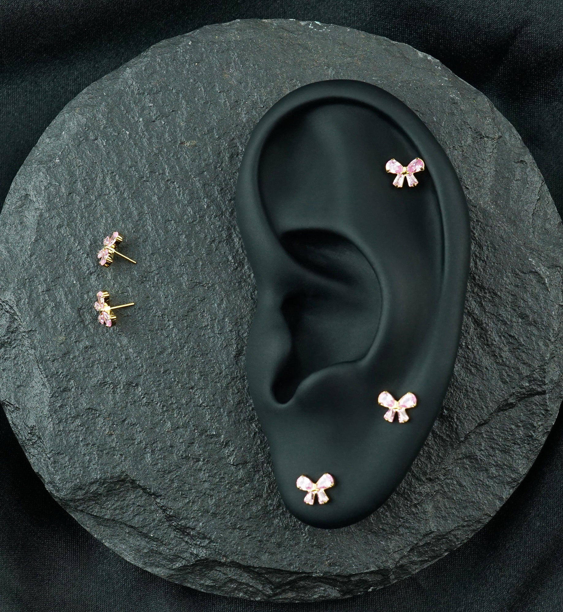 24kt Gold PVD Bow Pink CZ Titanium Threadless Top