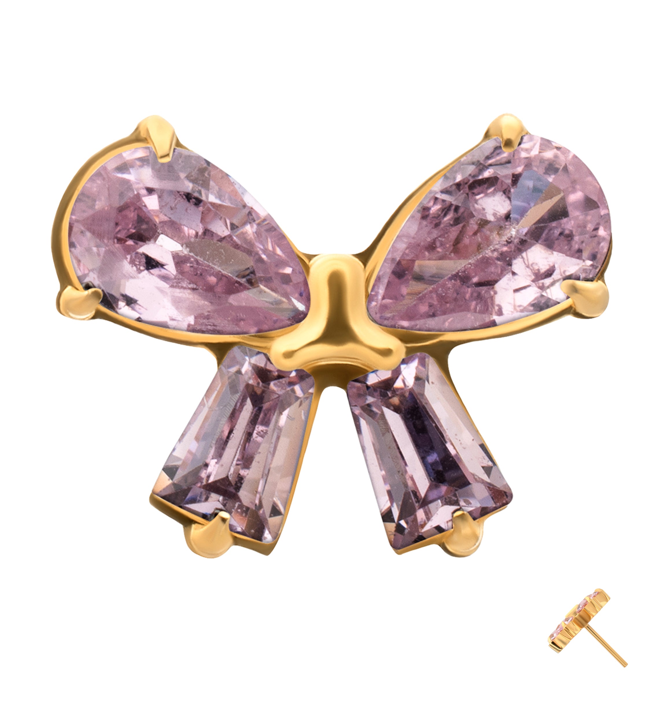 24kt Gold PVD Bow Pink CZ Titanium Threadless Top