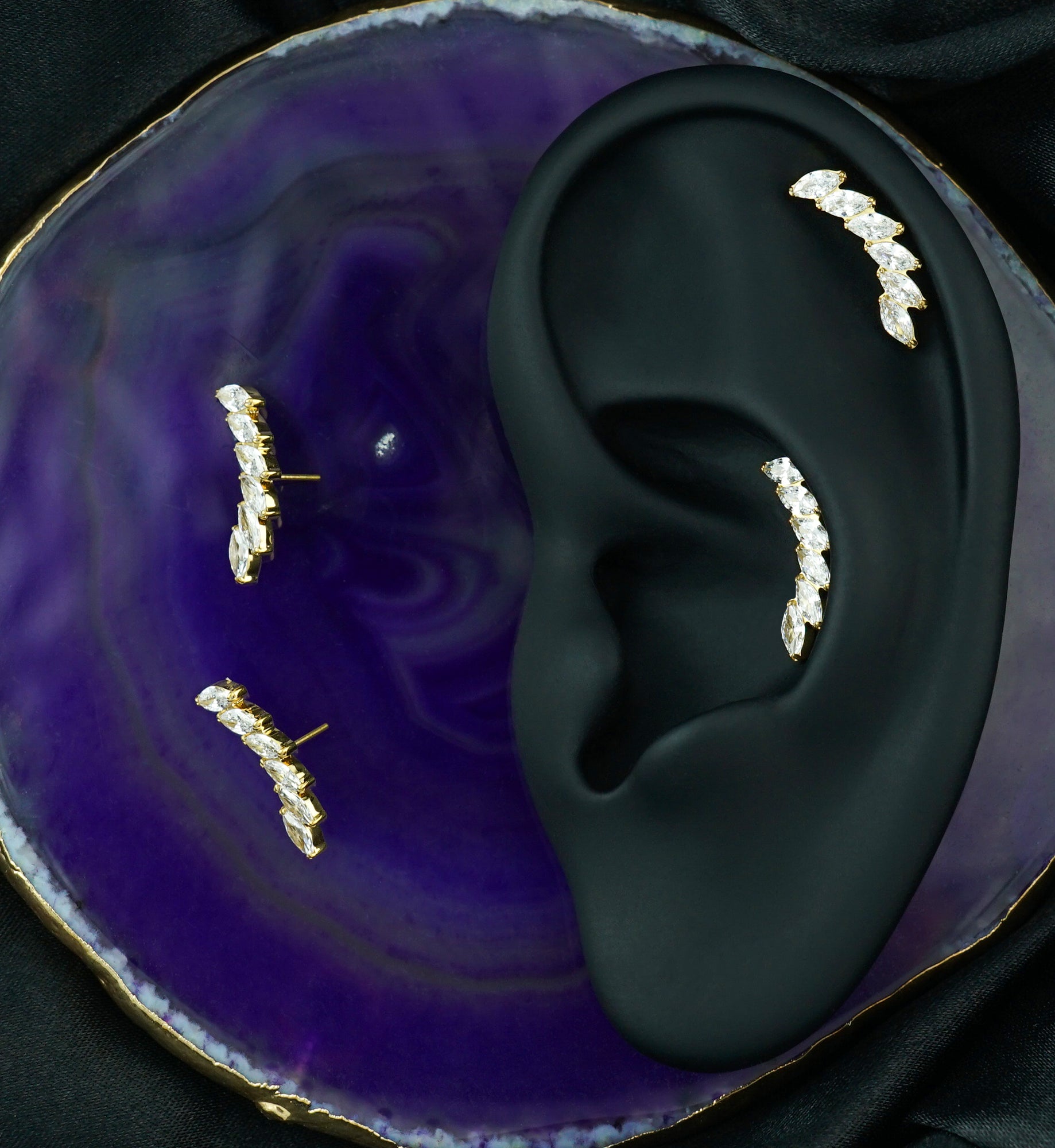 24kt Gold PVD Cascade Clear CZ Titanium Threadless Top