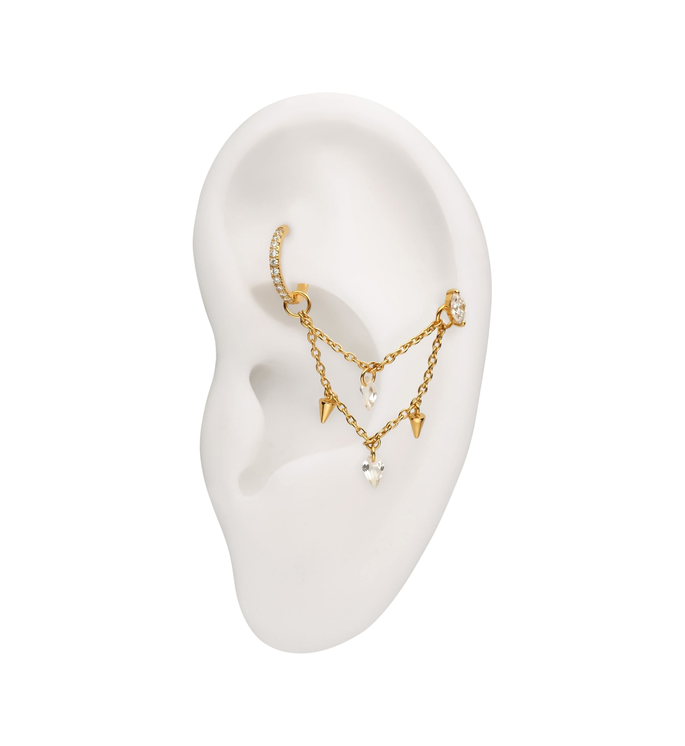 24kt Gold PVD Cone and Dart CZ Dangle Titanium Double Connecting Piercing Chain