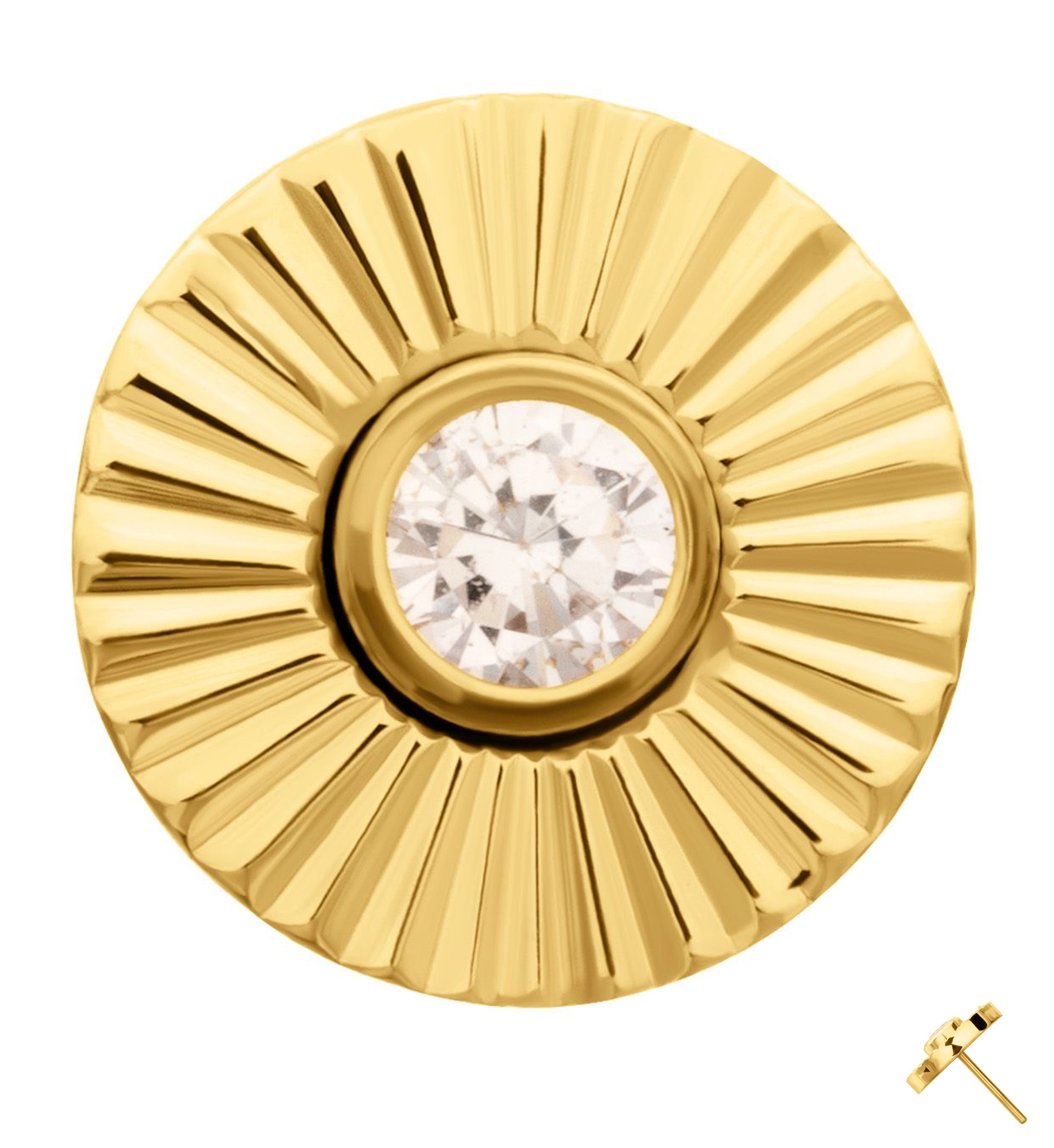24kt Gold PVD Corrugated Disk Clear CZ Threadless Titanium Top