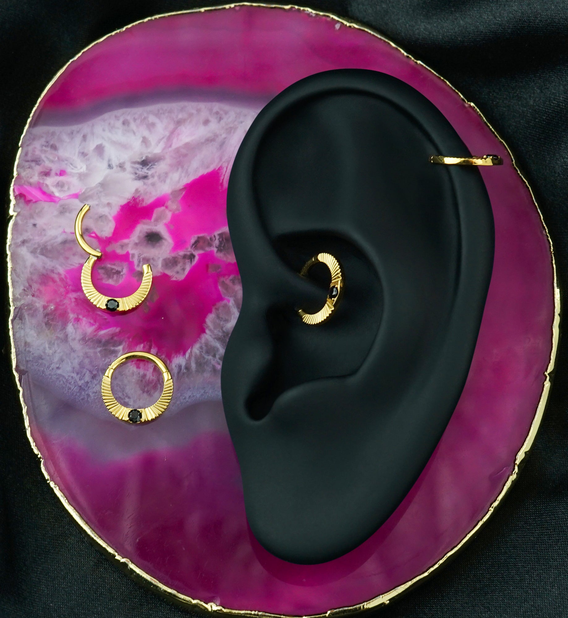 24kt Gold PVD Corrugated Hoop Black CZ Titanium Hinged Segment Ring