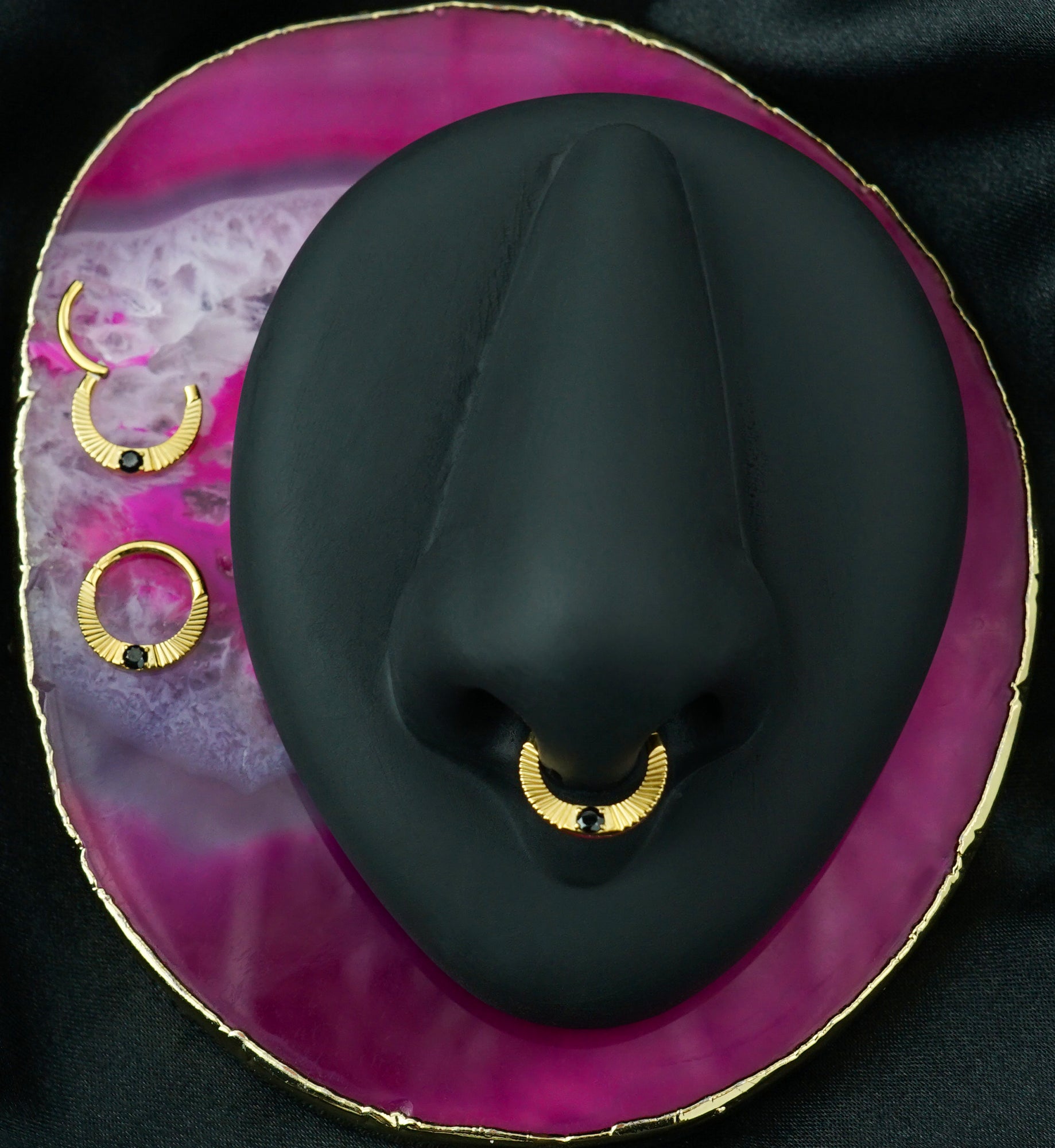 24kt Gold PVD Corrugated Hoop Black CZ Titanium Hinged Segment Ring