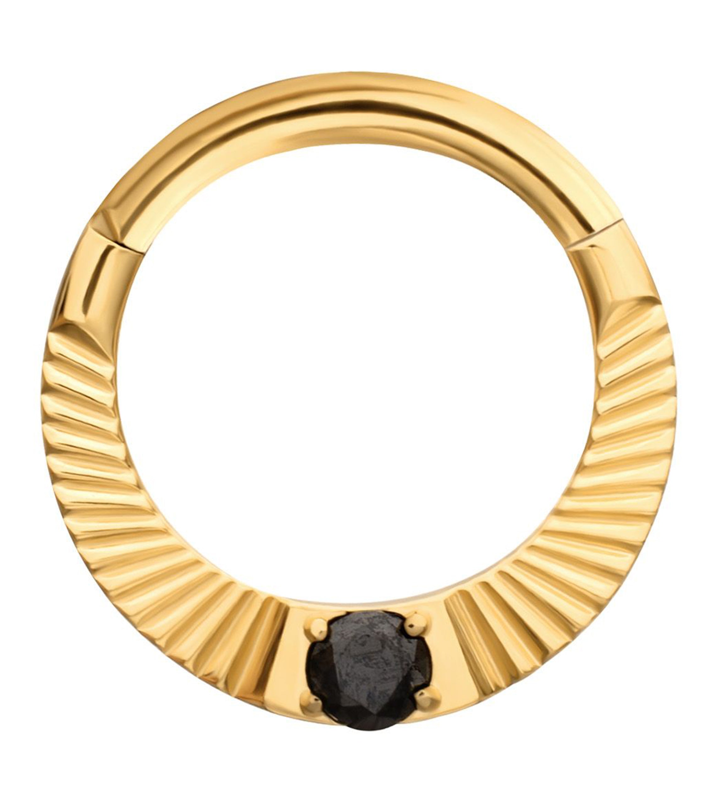 24kt Gold PVD Corrugated Hoop Black CZ Titanium Hinged Segment Ring