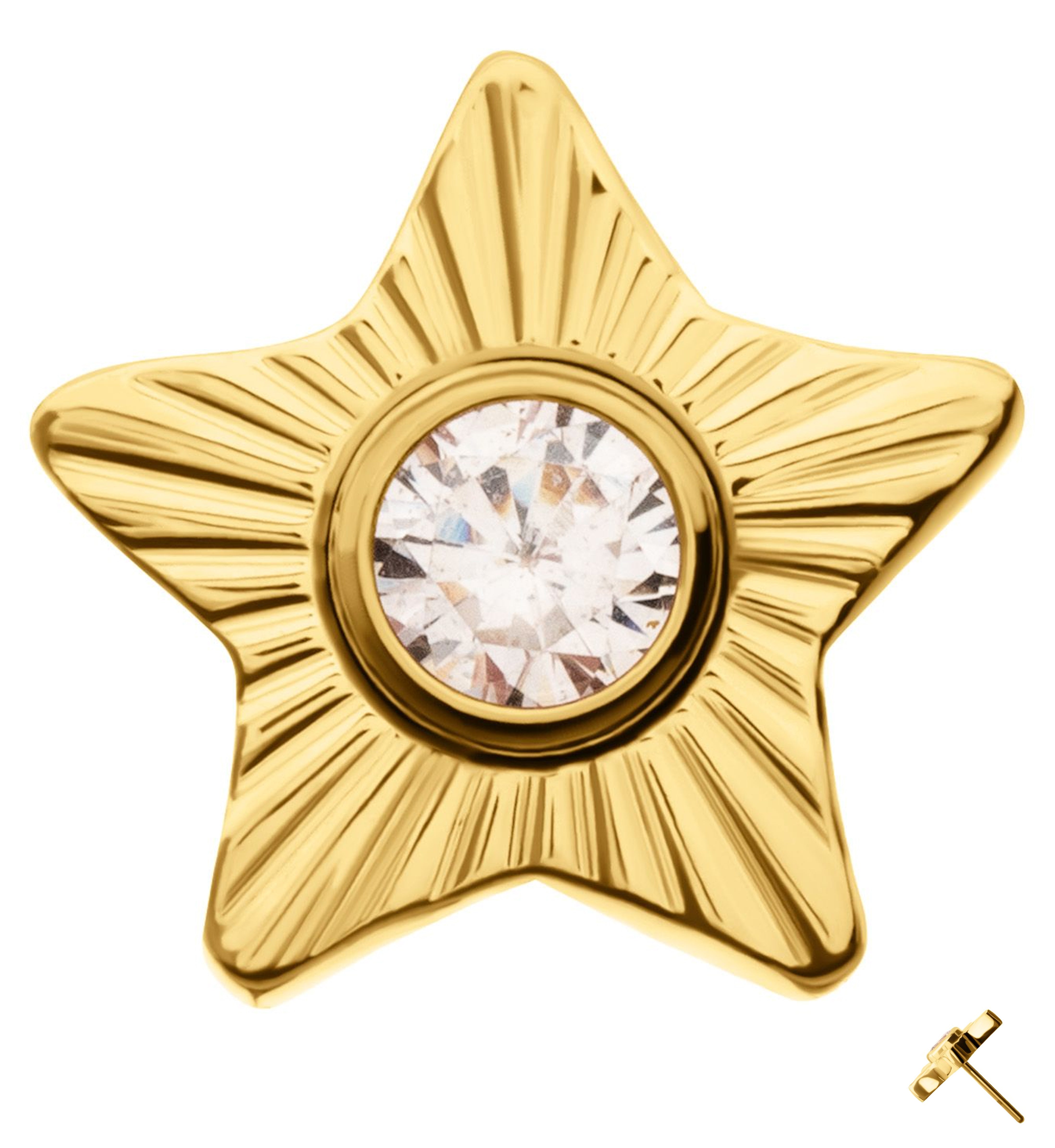 24kt Gold PVD Corrugated Star Clear CZ Threadless Titanium Top