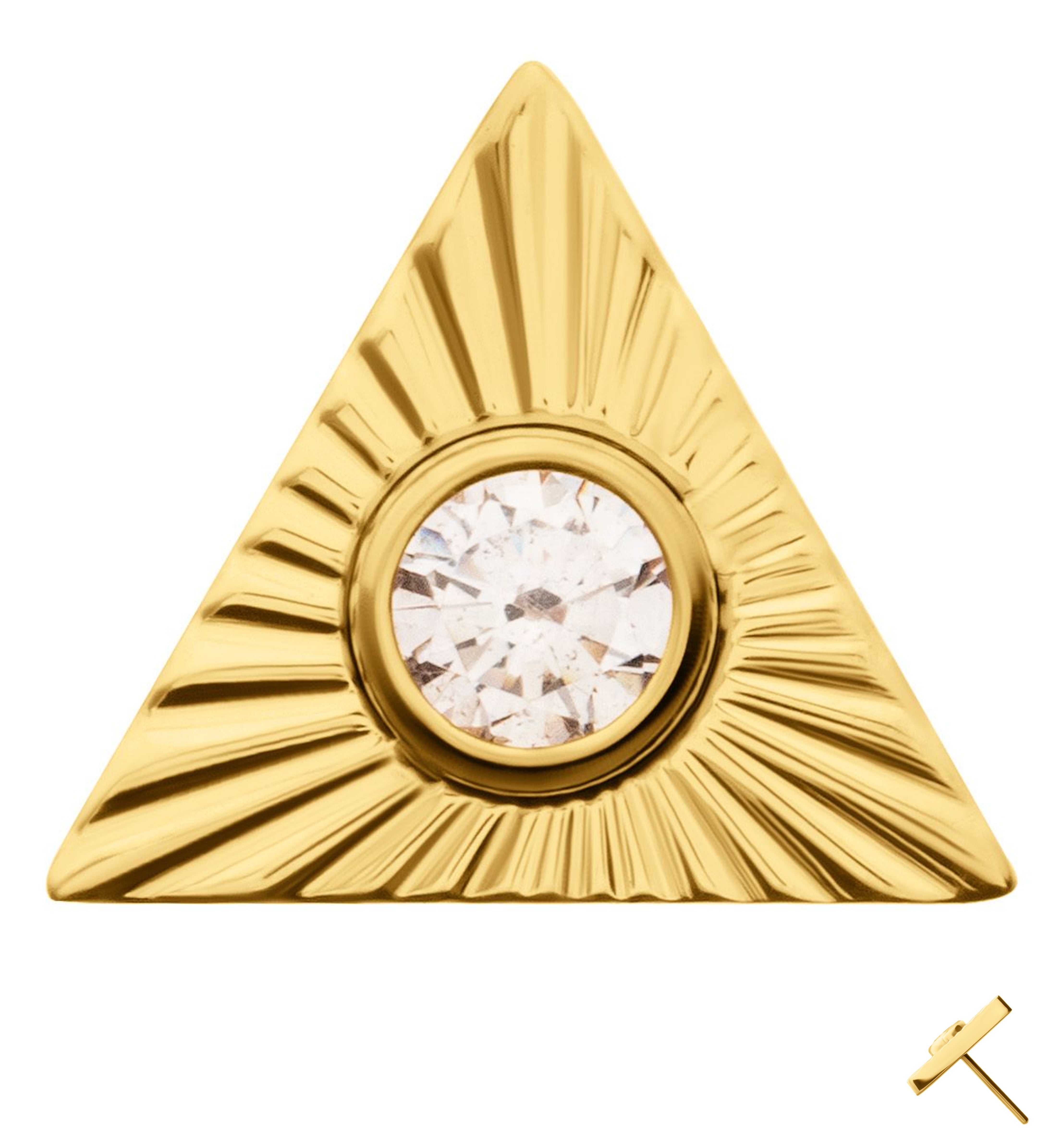 24kt Gold PVD Corrugated Triangle Clear CZ Threadless Titanium Top