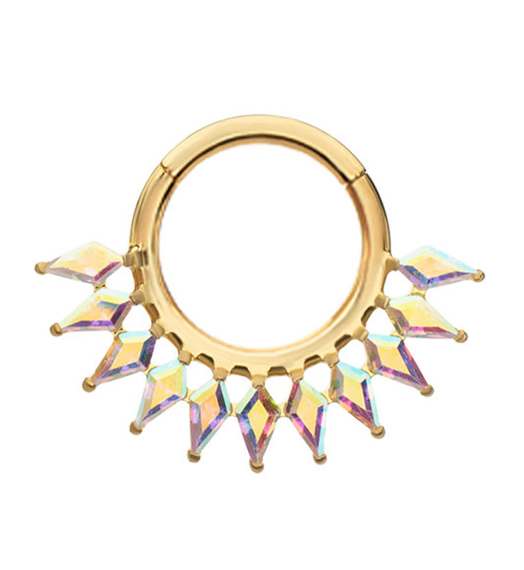 24kt Gold PVD Dart Edge Rainbow Aurora CZ Titanium Hinged Segment Ring