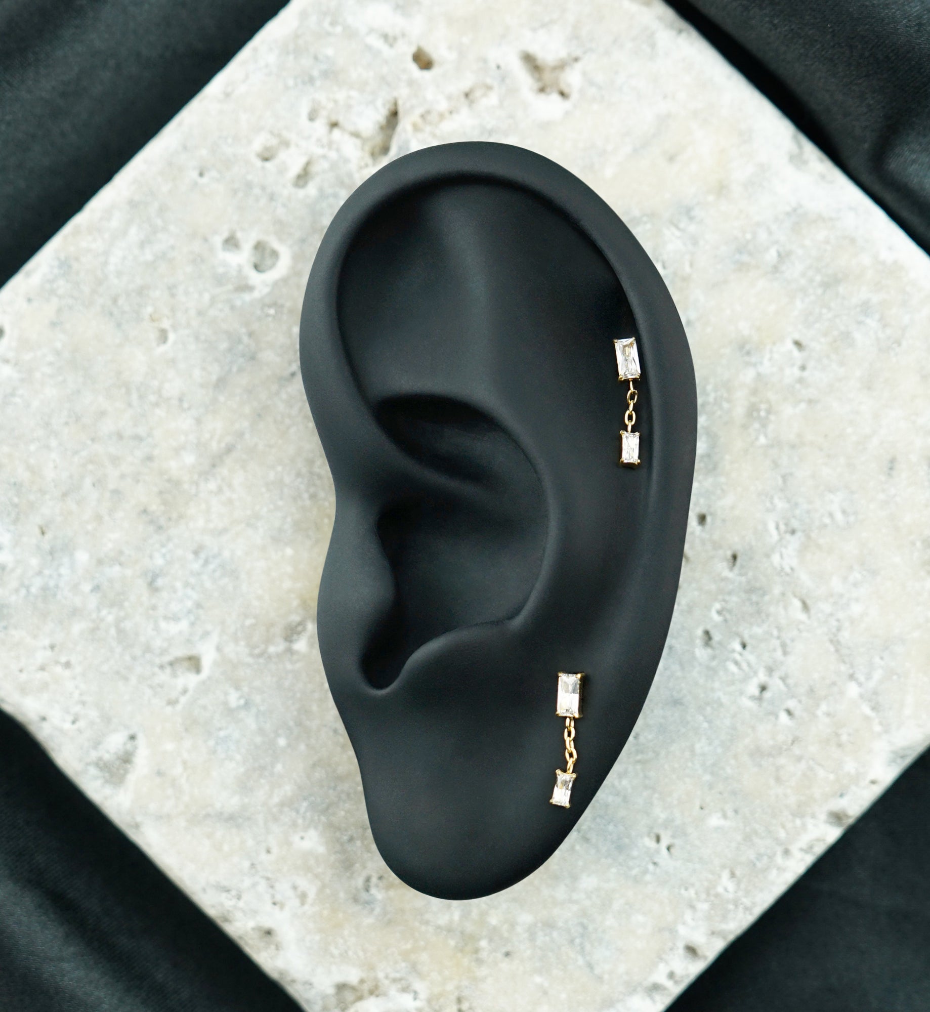 24kt Gold PVD Double Baguette CZ Dangle Titanium Threadless Top