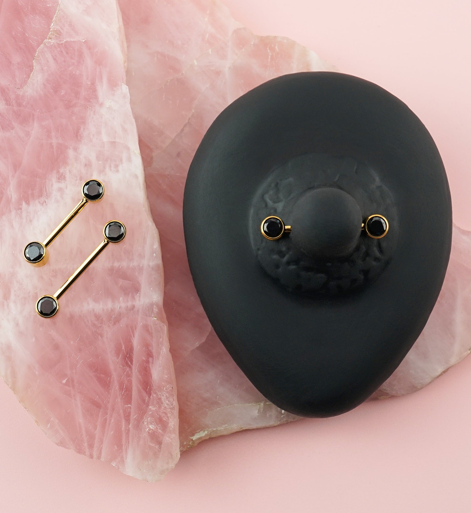 24kt Gold PVD Double Black CZ Titanium Internally Threaded Nipple Ring Barbell