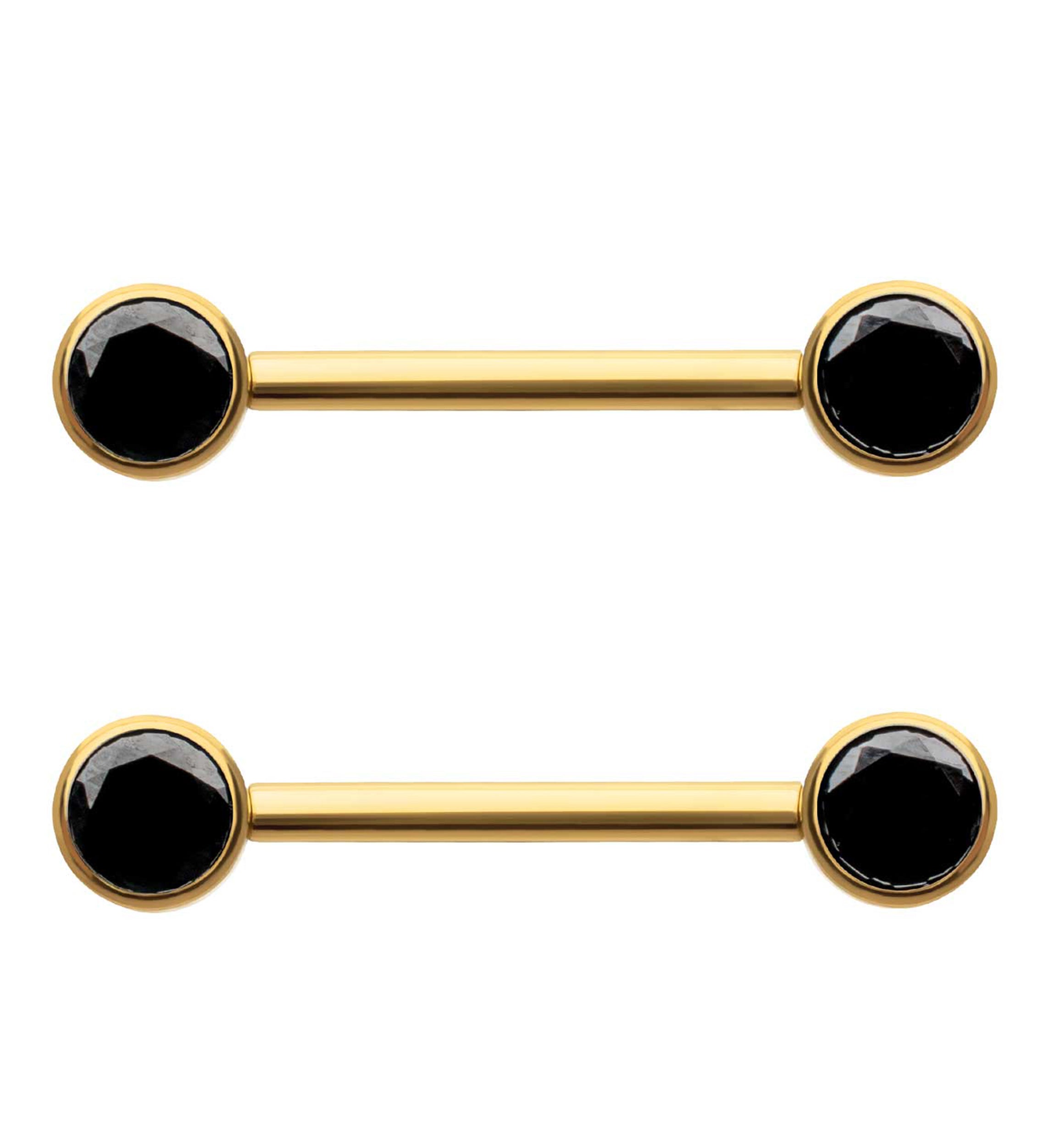24kt Gold PVD Double Black CZ Titanium Internally Threaded Nipple Ring Barbell