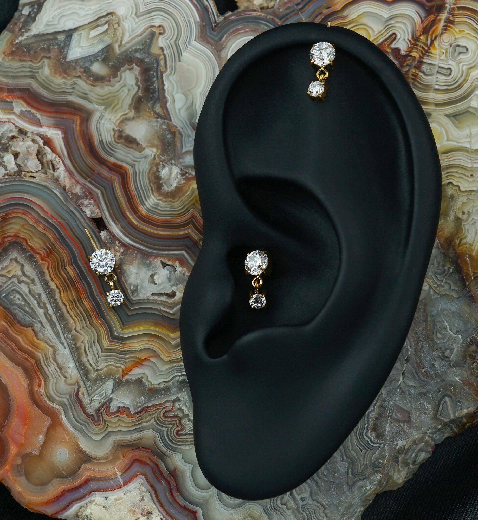 24kt Gold PVD Double Clear CZ Dangle Vertical Titanium Threadless Top