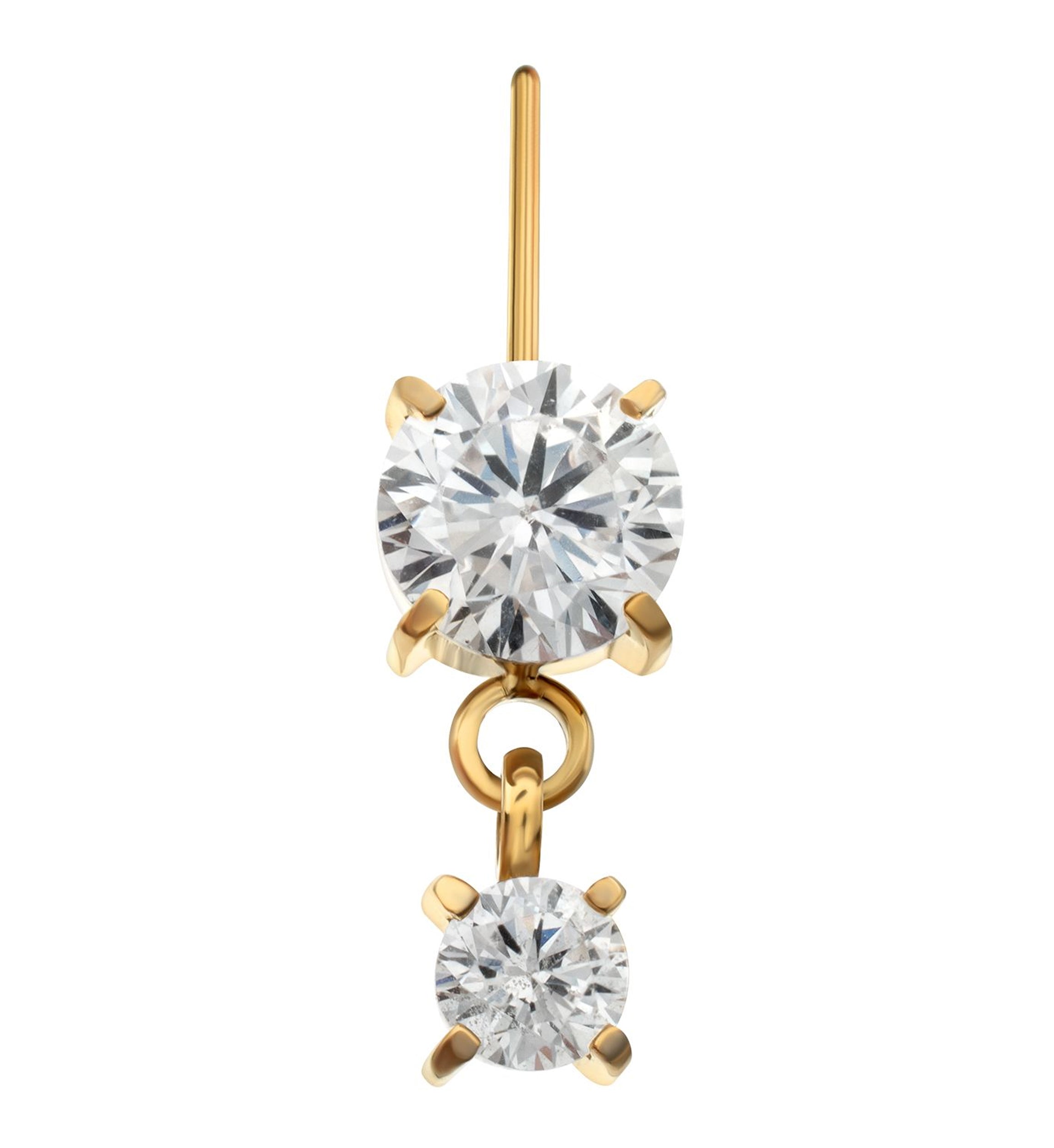 24kt Gold PVD Double Clear CZ Dangle Vertical Titanium Threadless Top