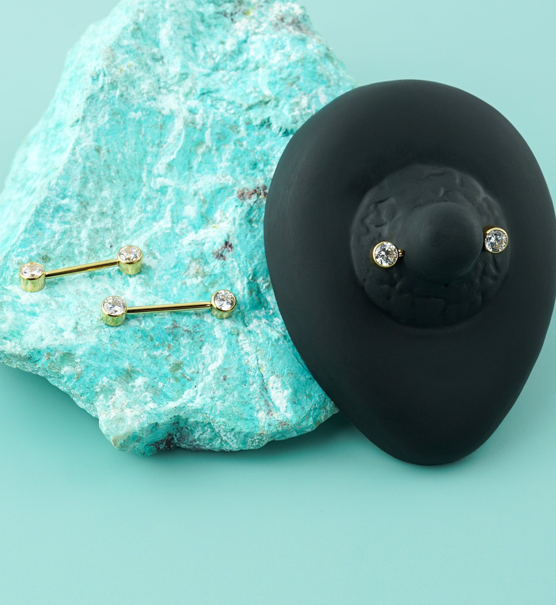 24kt Gold PVD Double Clear CZ Titanium Internally Threaded Nipple Ring Barbell