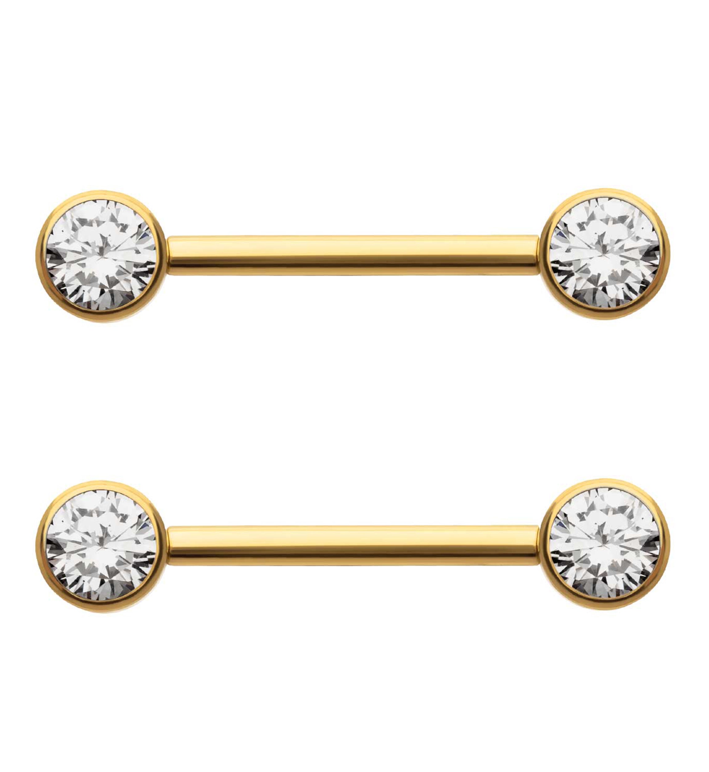 24kt Gold PVD Double Clear CZ Titanium Internally Threaded Nipple Ring Barbell