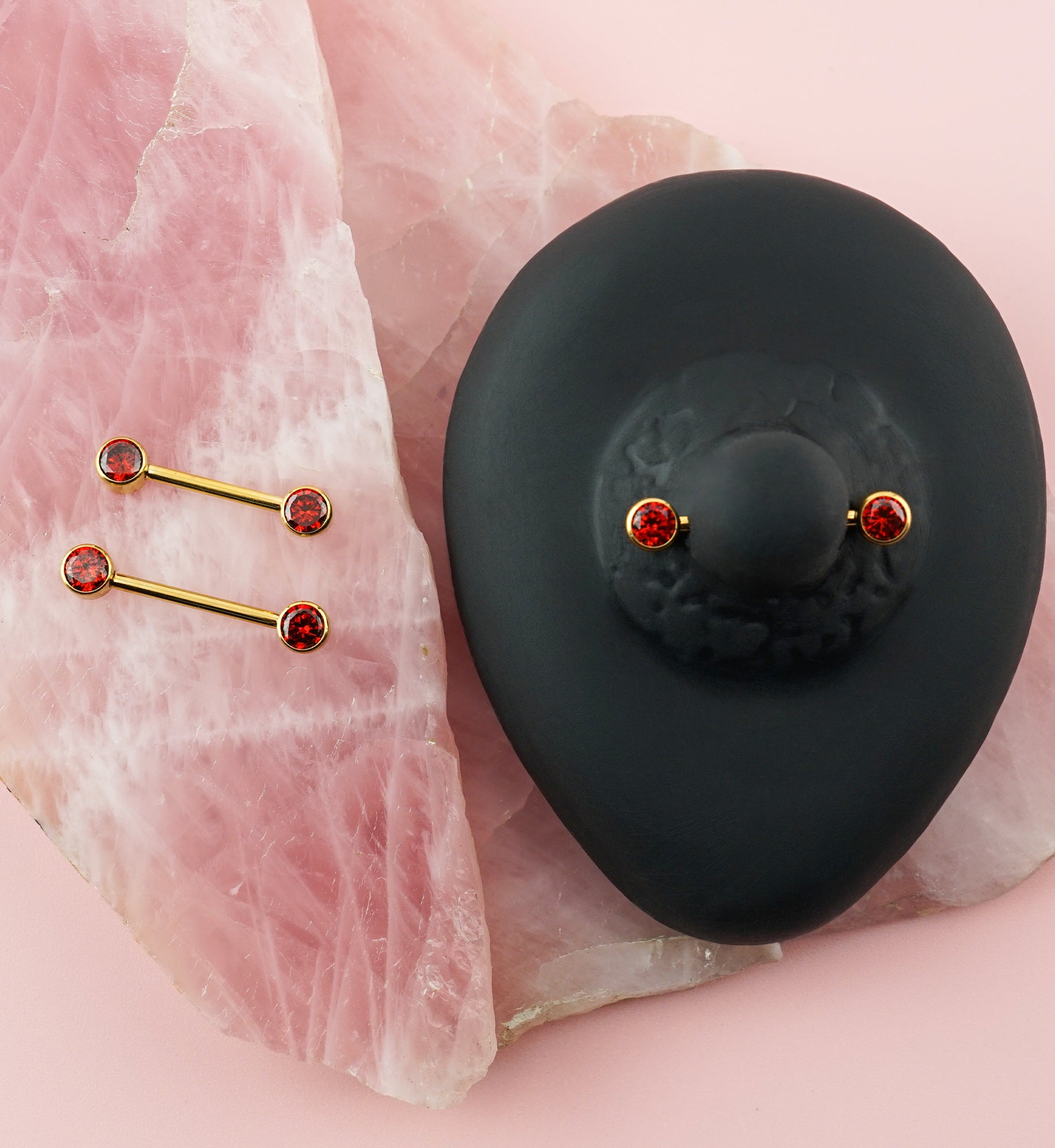 24kt Gold PVD Double Garnet CZ Titanium Internally Threaded Nipple Ring Barbell