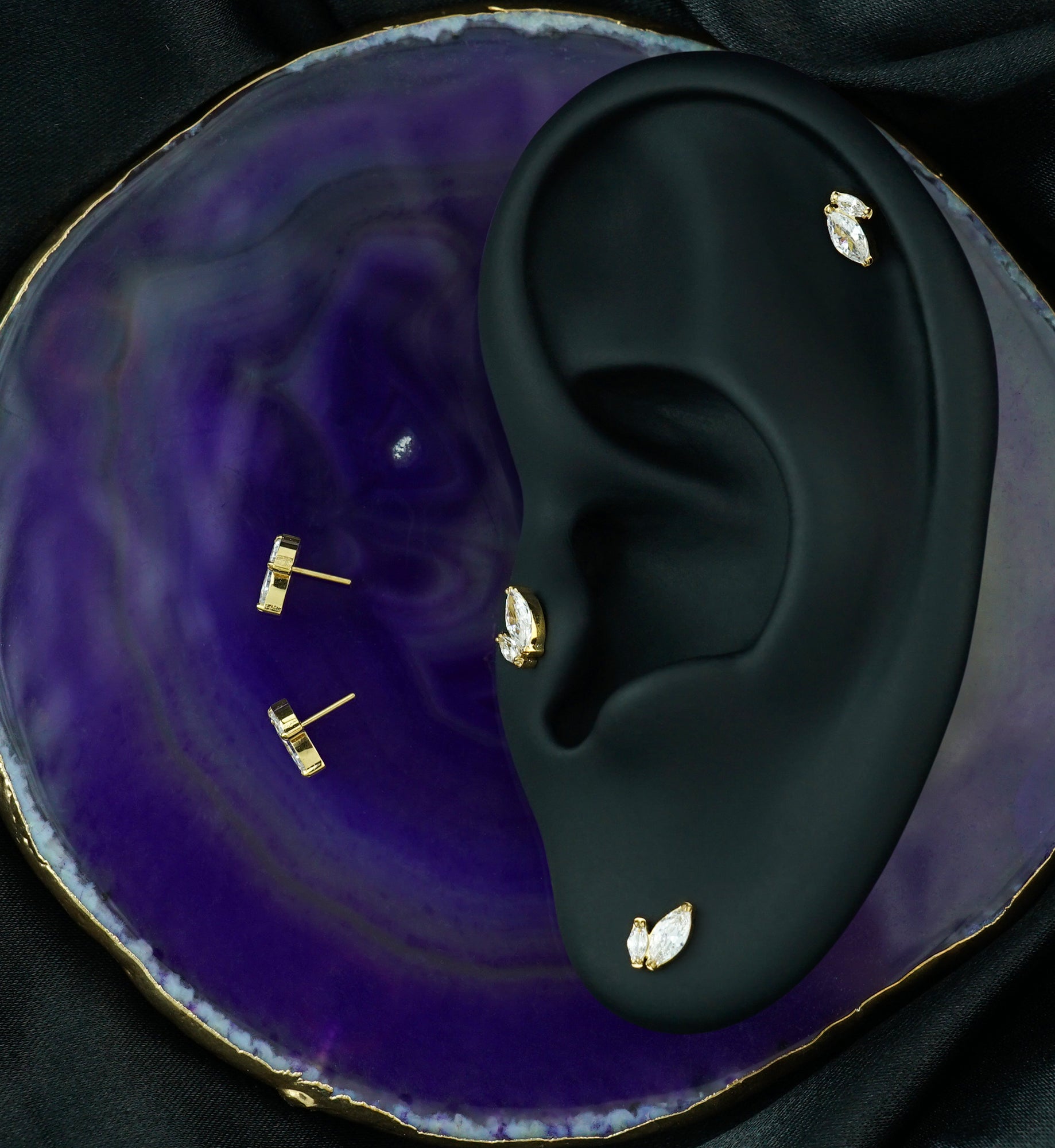 24kt Gold PVD Double Marquise Clear CZ Titanium Threadless Top