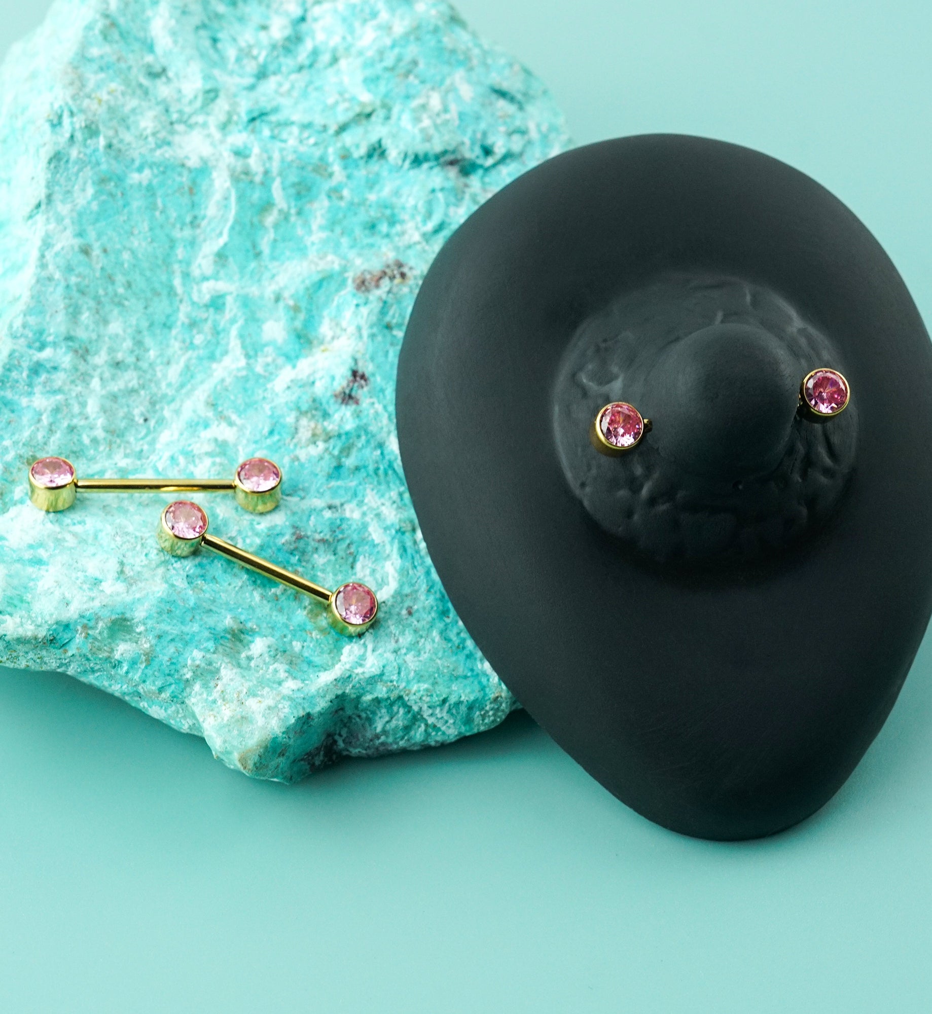 24kt Gold PVD Double Pink CZ Titanium Internally Threaded Nipple Ring Barbell